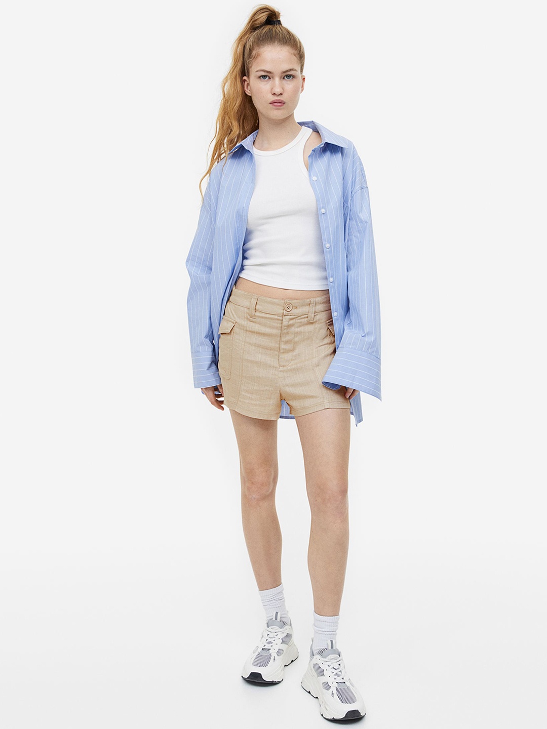 

H&M Women Linen-Blend Cargo Shorts, Beige