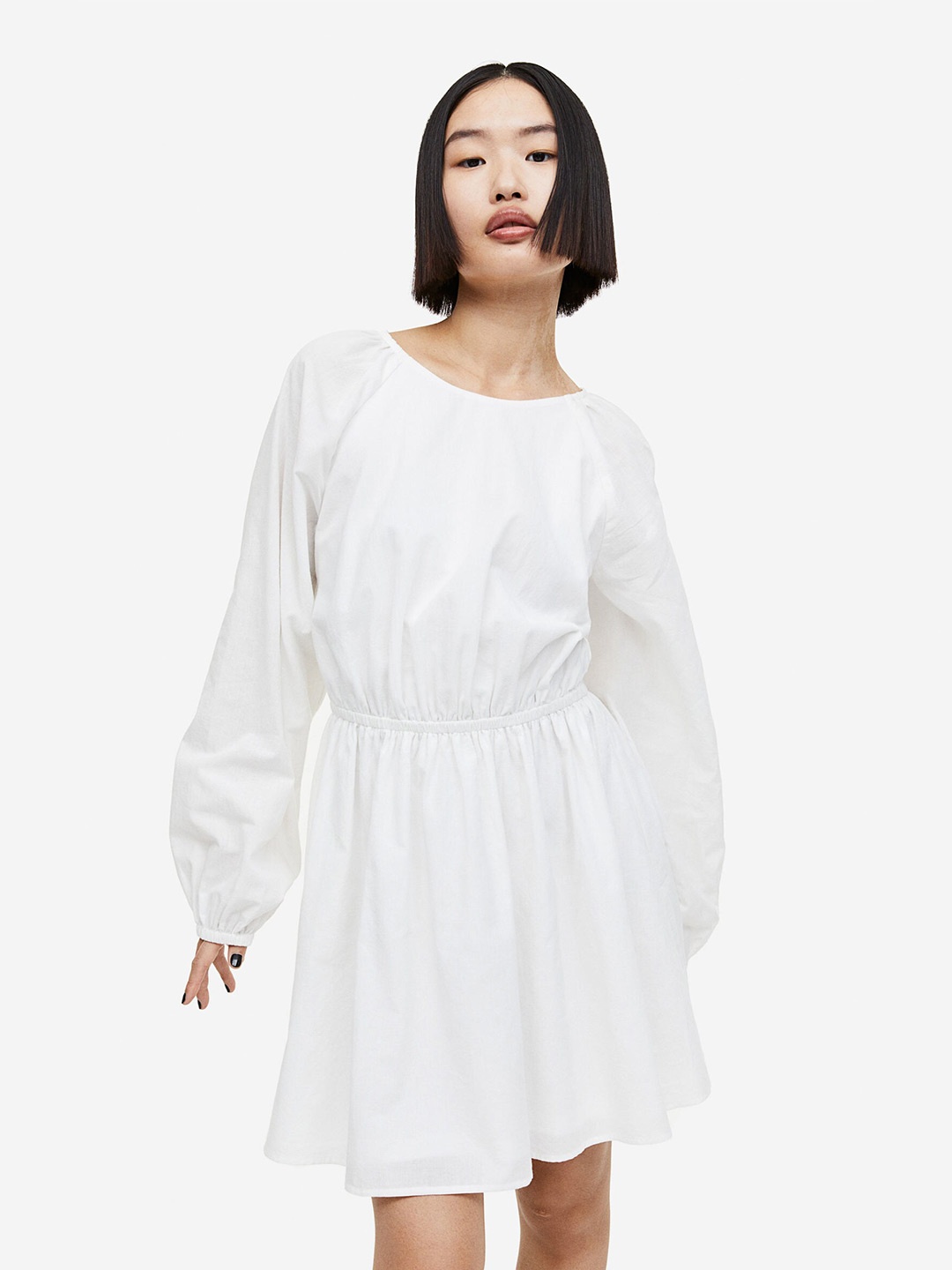 

H&M Pure Cotton Balloon-Sleeved Open-Backed Dress, White