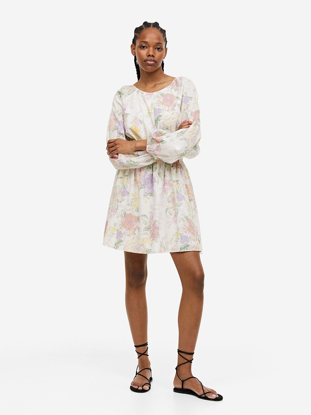 

H&M Pure Cotton Balloon-Sleeved Open-Backed Dress, White
