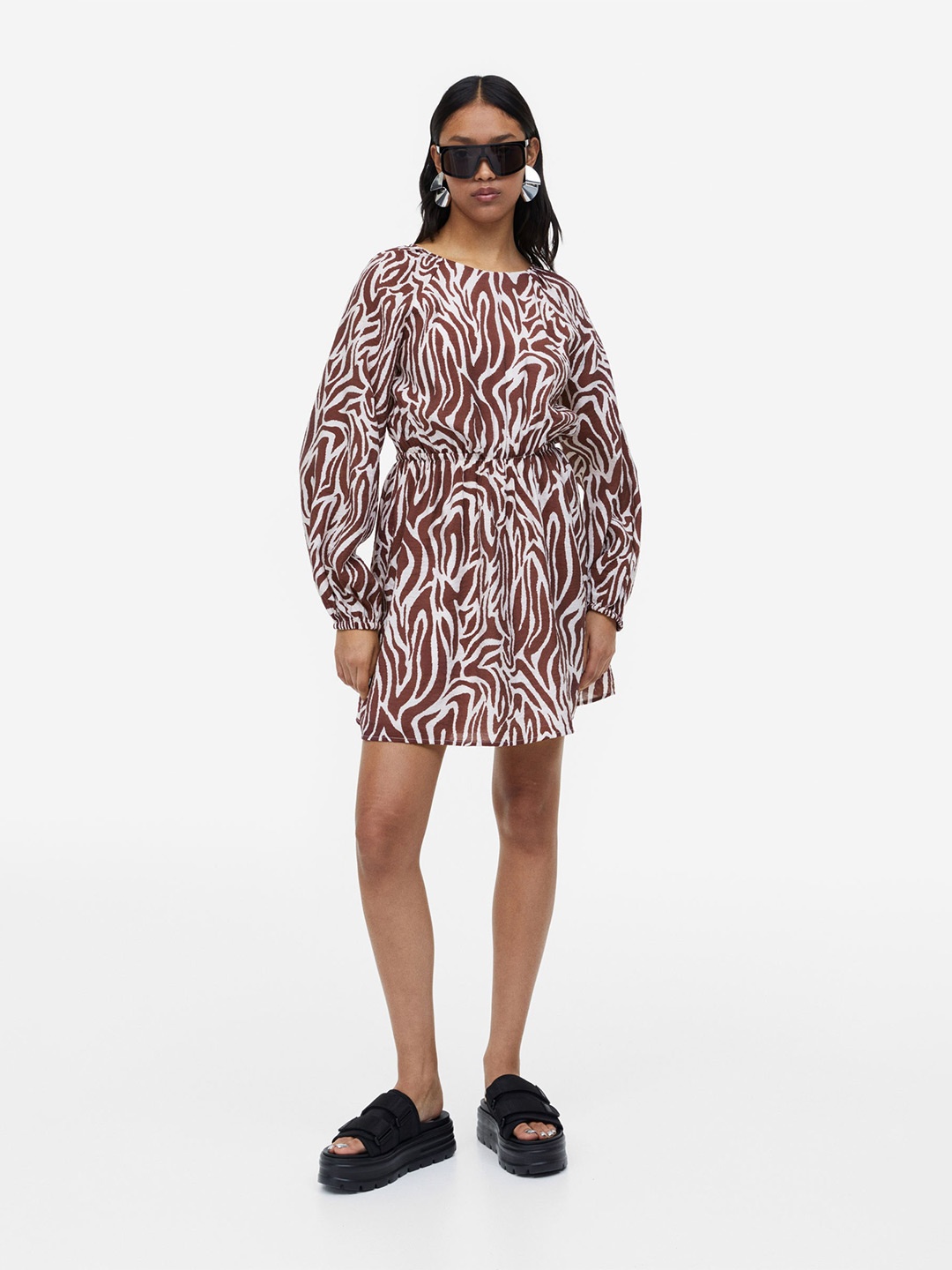 

H&M Pure Cotton Balloon-Sleeved Open-Backed Dress, Brown