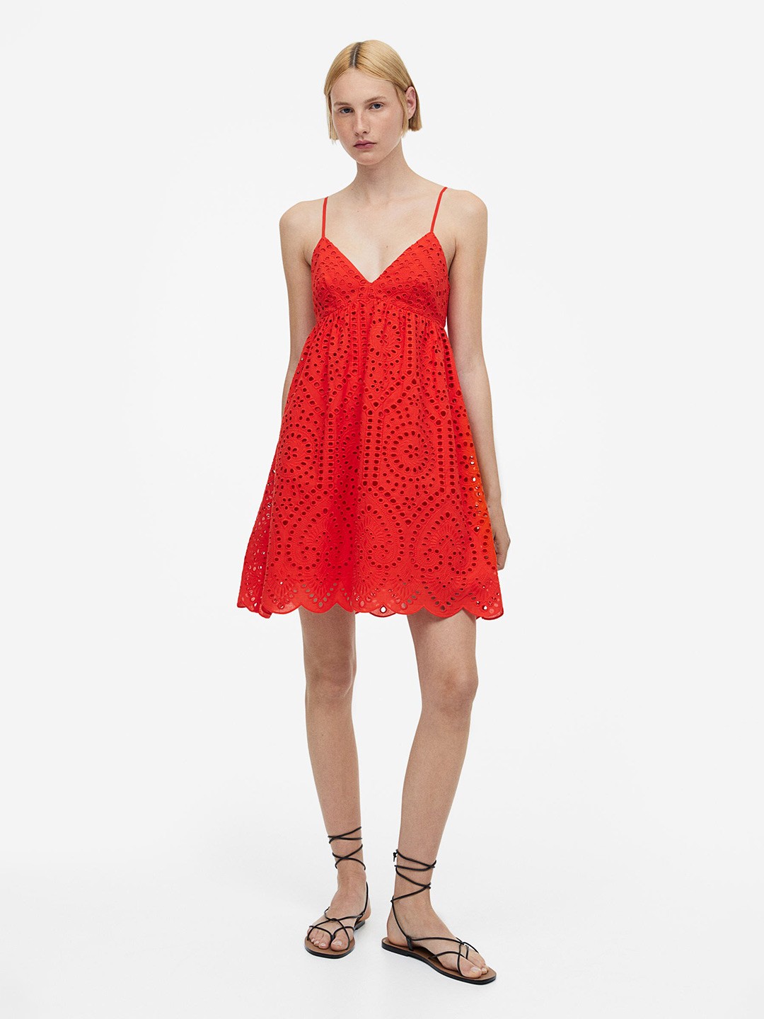 

H&M Pure Cotton Broderie Anglaise Dress, Red