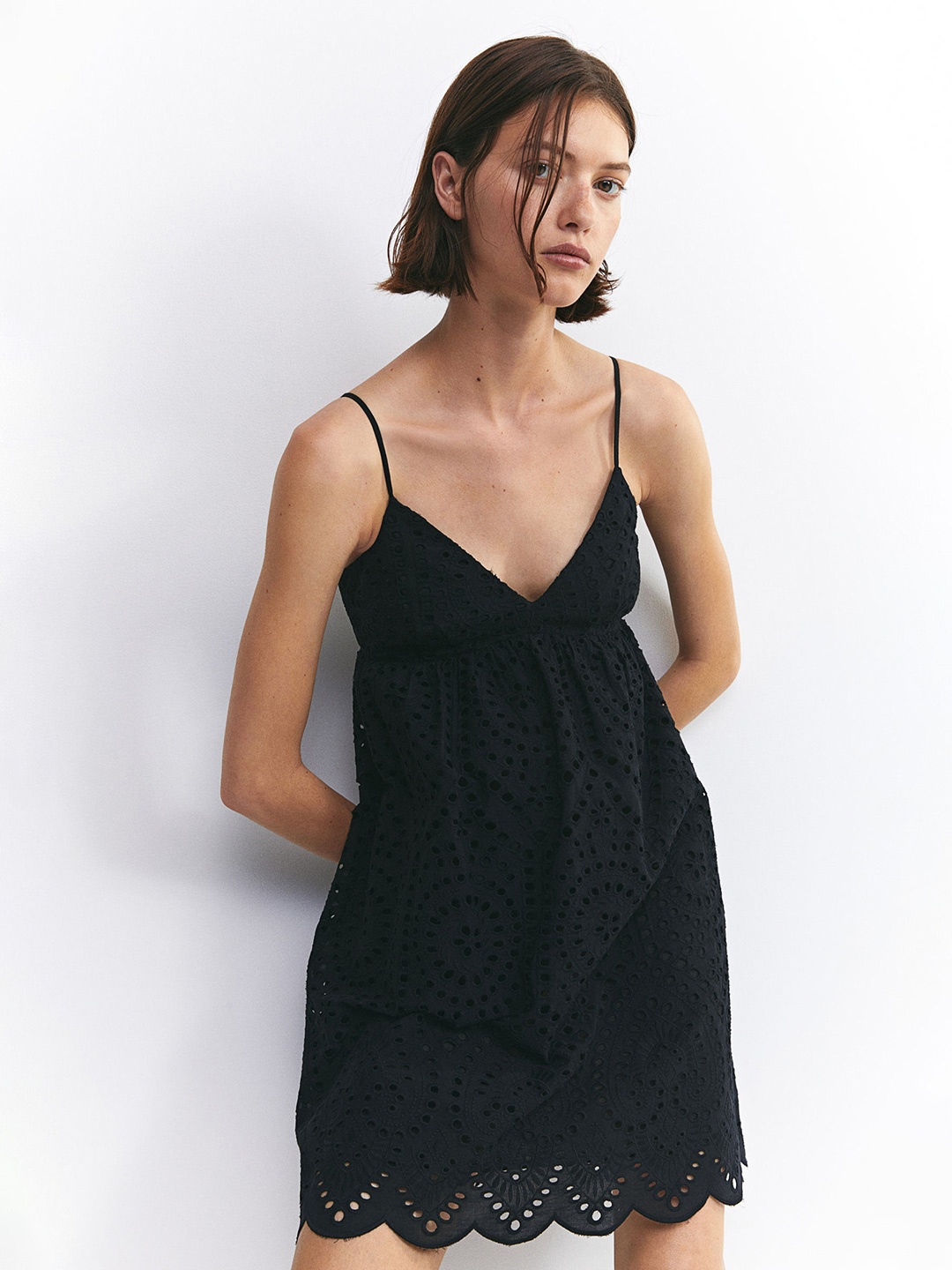 

H&M Pure Cotton Broderie Anglaise Dress, Black