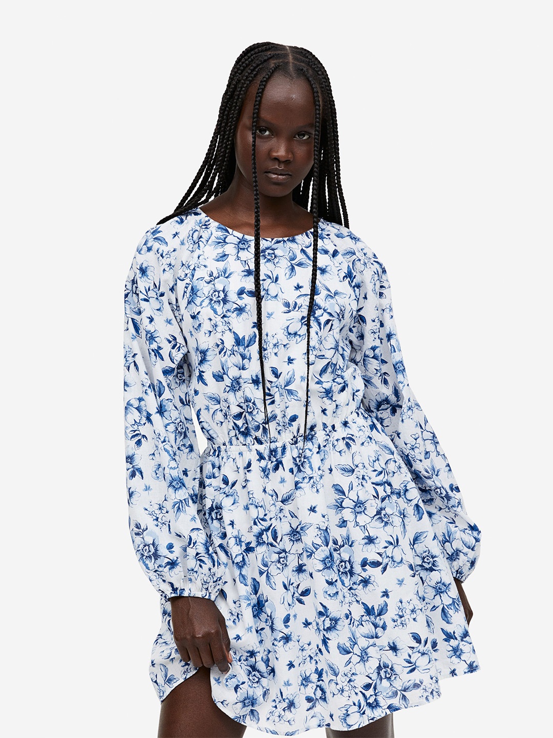 

H&M Balloon-Sleeved Pure Cotton Open-Backed Dress, Blue