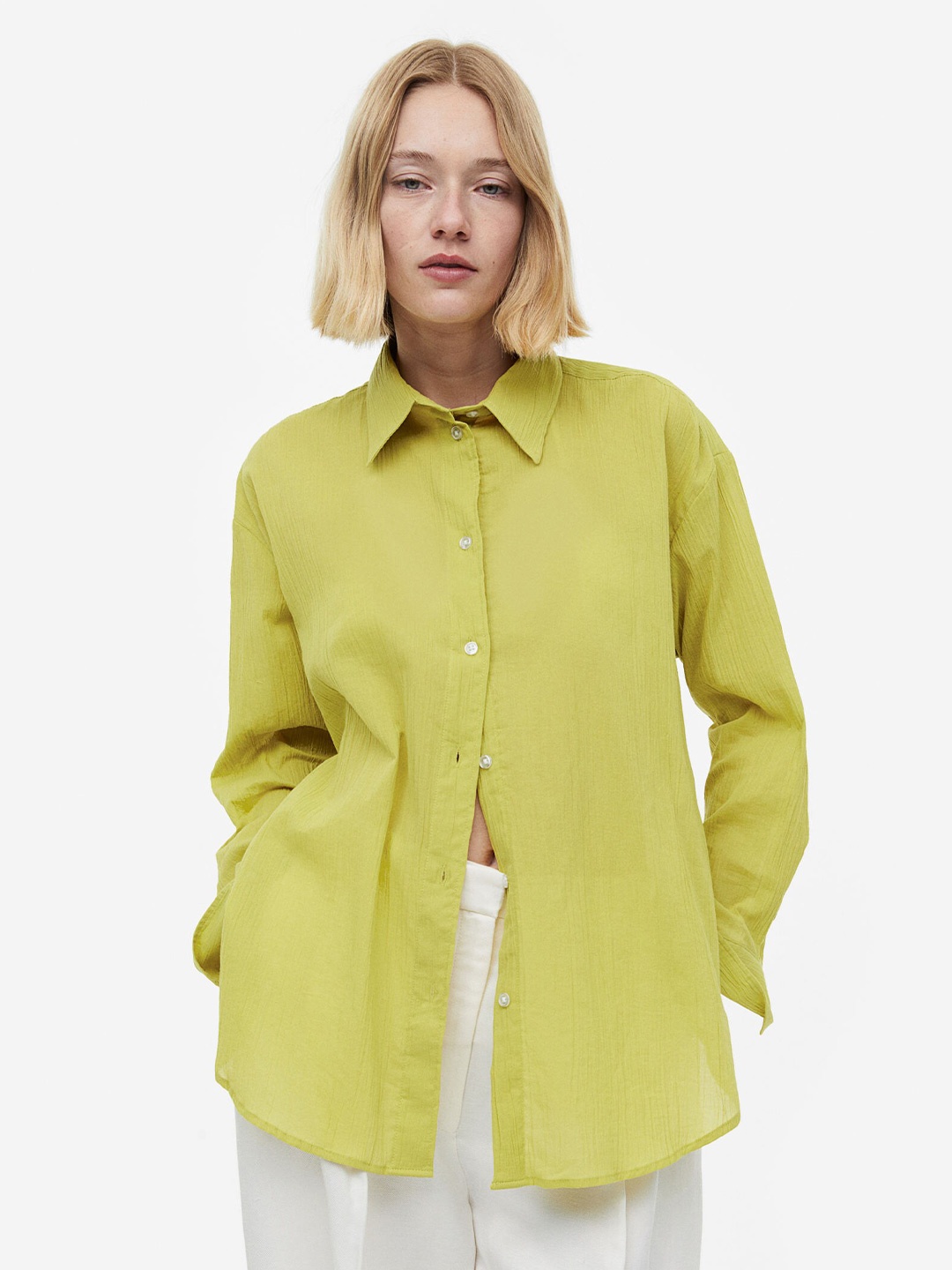 

H&M Crinkled Pure Cotton Casual Shirt, Lime green