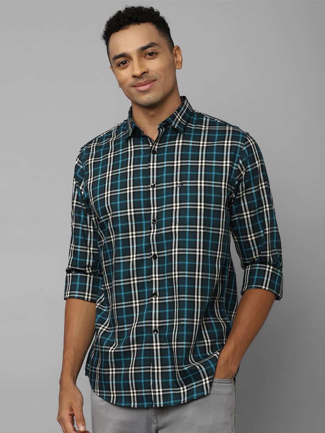 

Allen Solly Slim Fit Tartan Checked Casual Pure Cotton Shirt, Navy blue