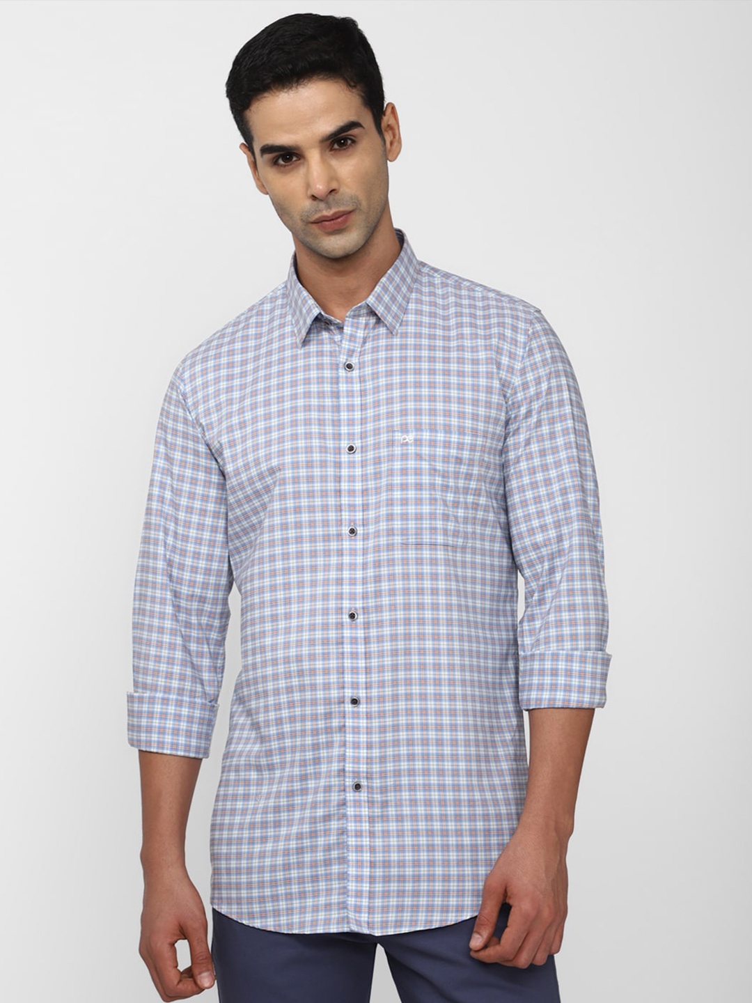 

Peter England Casuals Slim Fit Checked Pure Cotton Casual Shirt, Blue