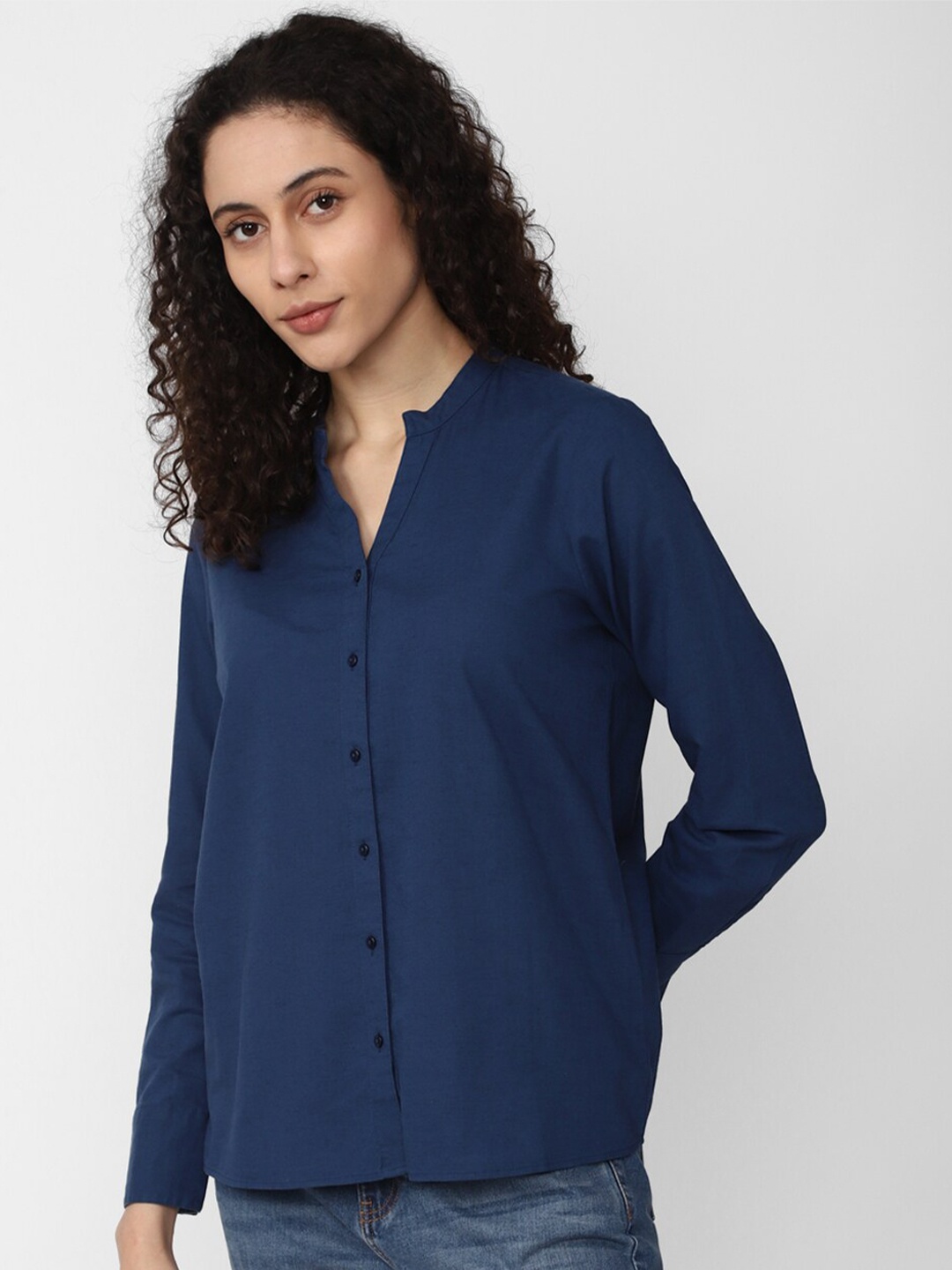 

Van Heusen Woman Mandarin Collar Cotton Linen Casual Shirt, Navy blue