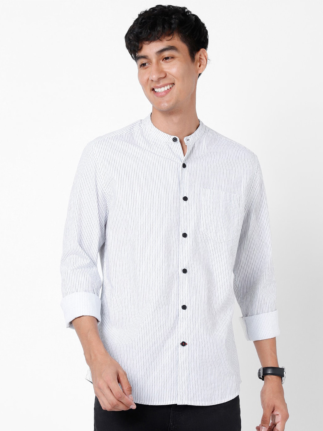 

VASTRADO Band Collar Pinstripes Cotton Casual Shirt, White