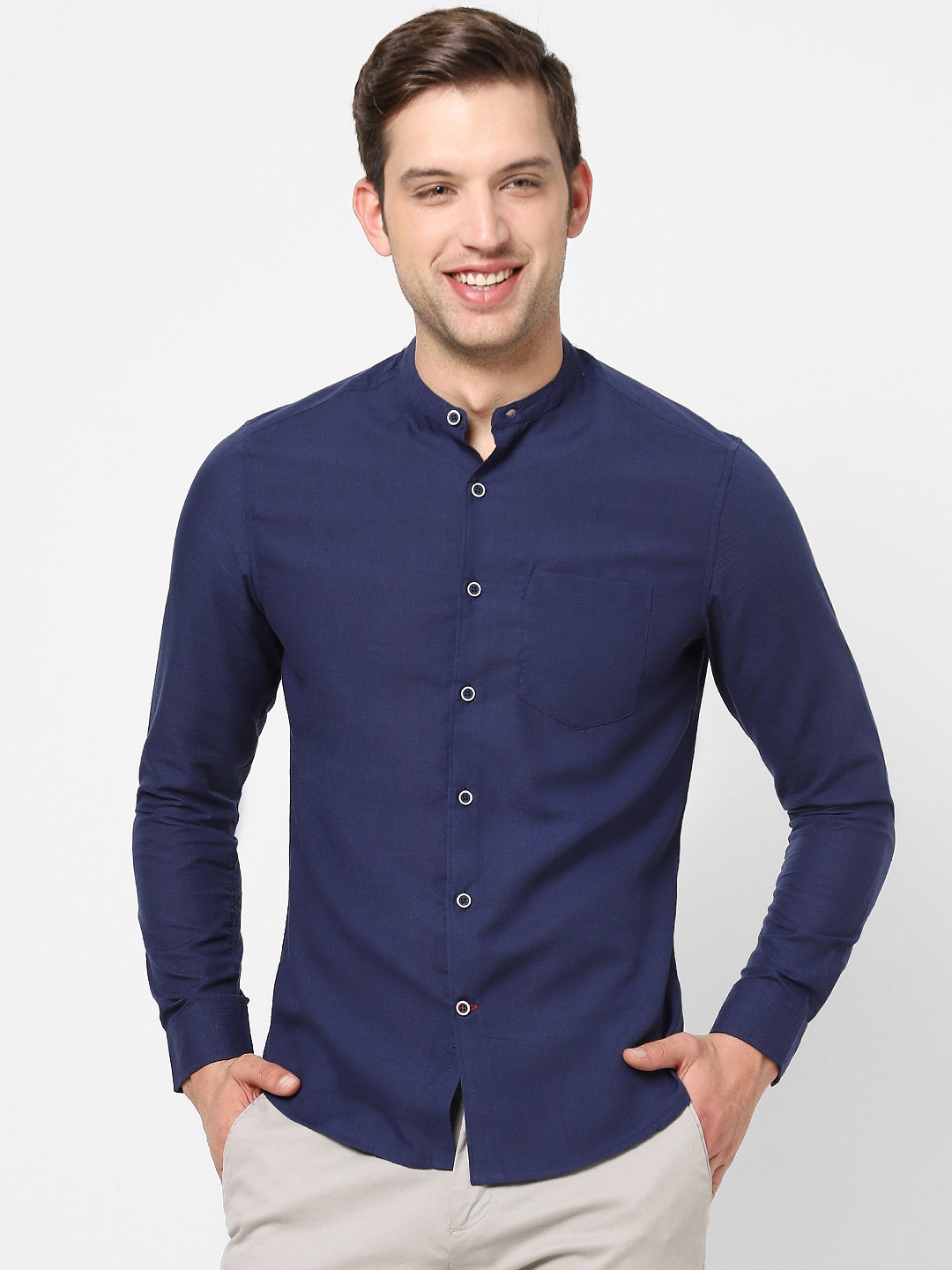

VASTRADO Band Collar Cotton Casual Shirt, Navy blue