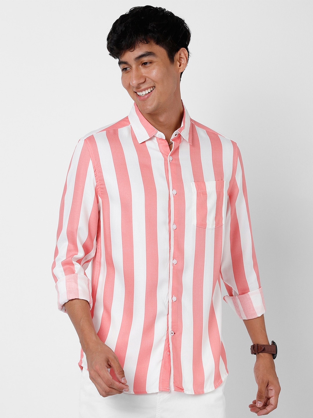 

VASTRADO Vertical Striped Casual Shirt, Pink