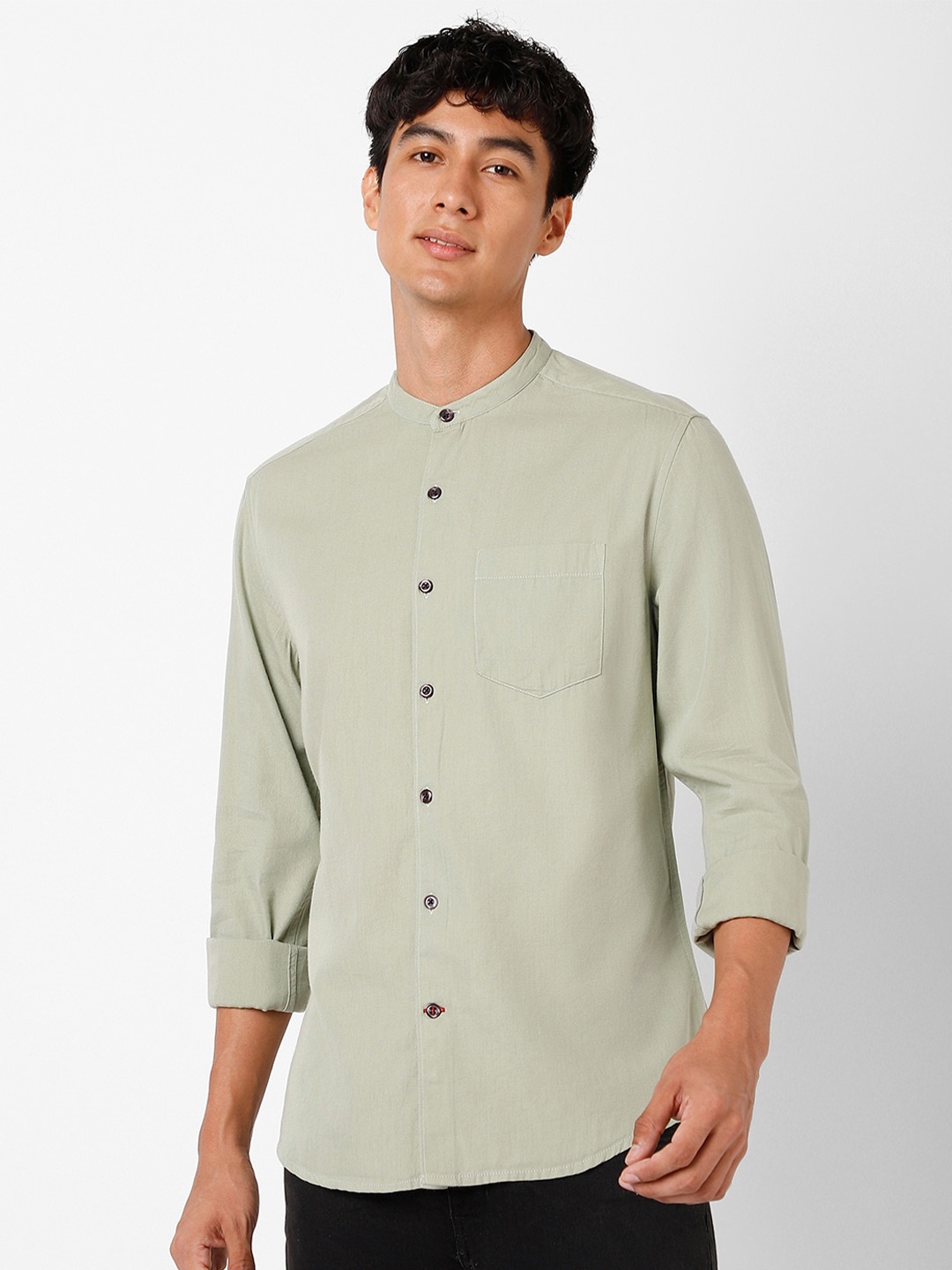 

VASTRADO Band Collar Cotton Casual Shirt, Green