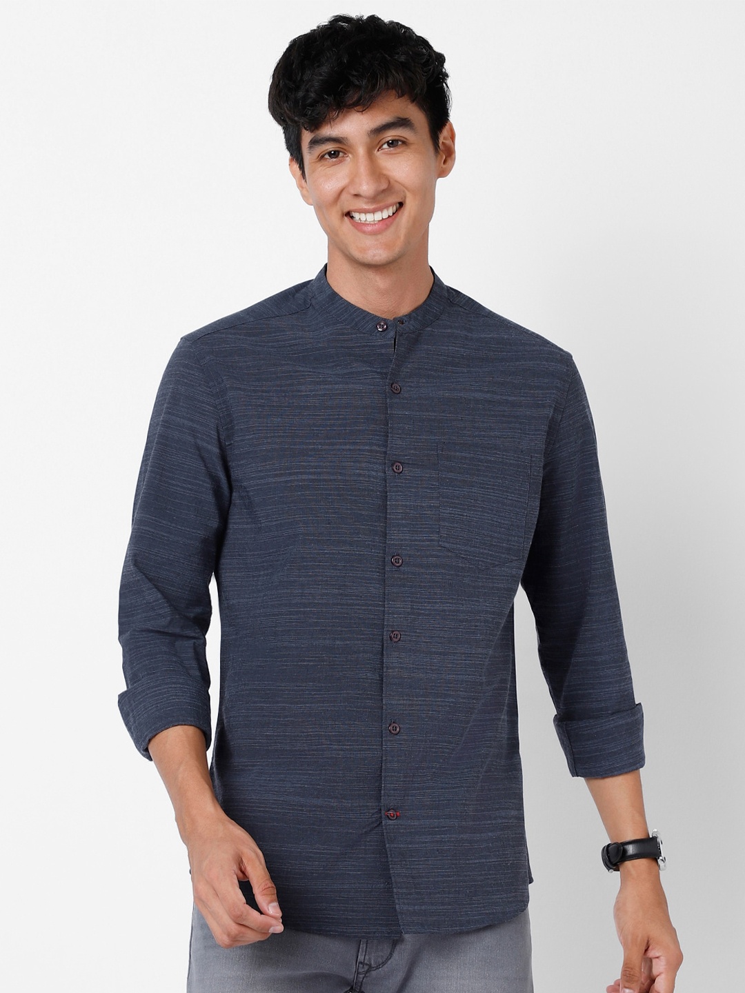 

VASTRADO Band Collar Cotton Casual Shirt, Grey
