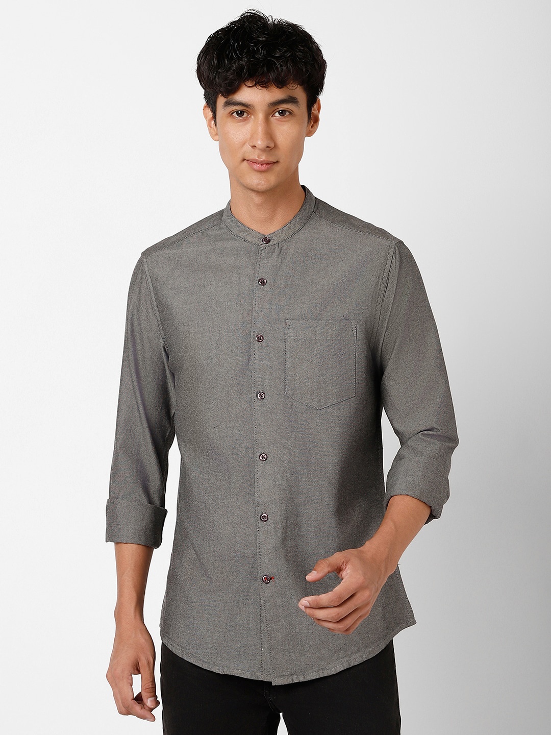 

VASTRADO Band Collar Cotton Casual Shirt, Grey