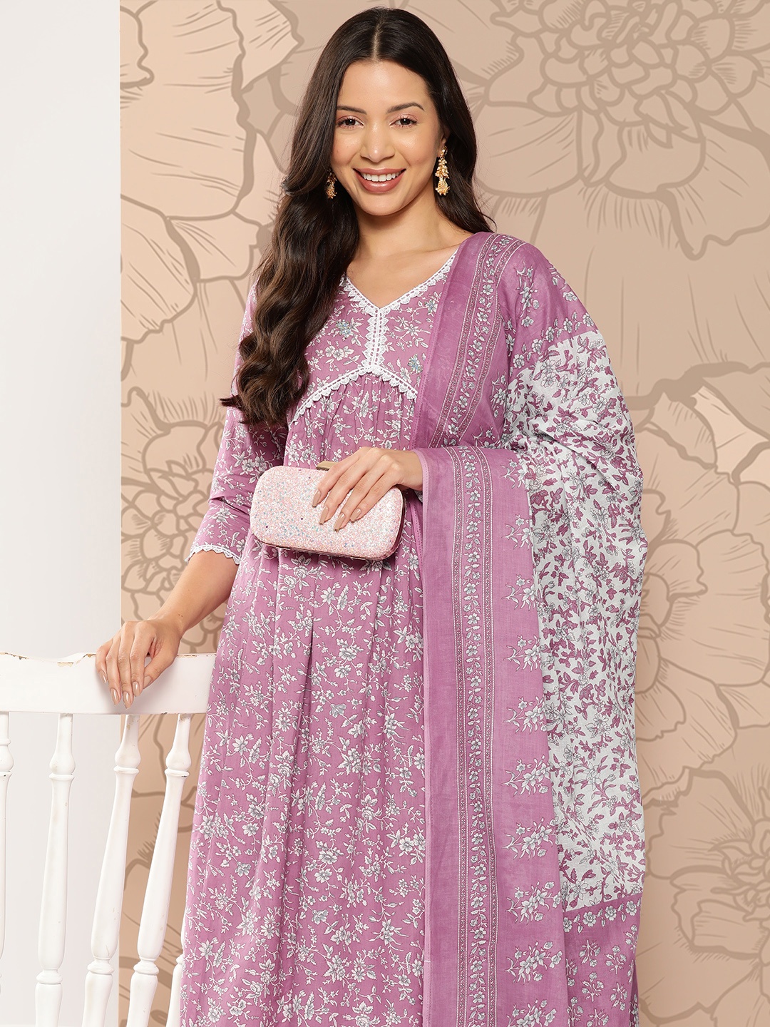 

Yufta Women Floral Printed Regular Pure Cotton Kurta with Trousers & With Dupatta, Mauve