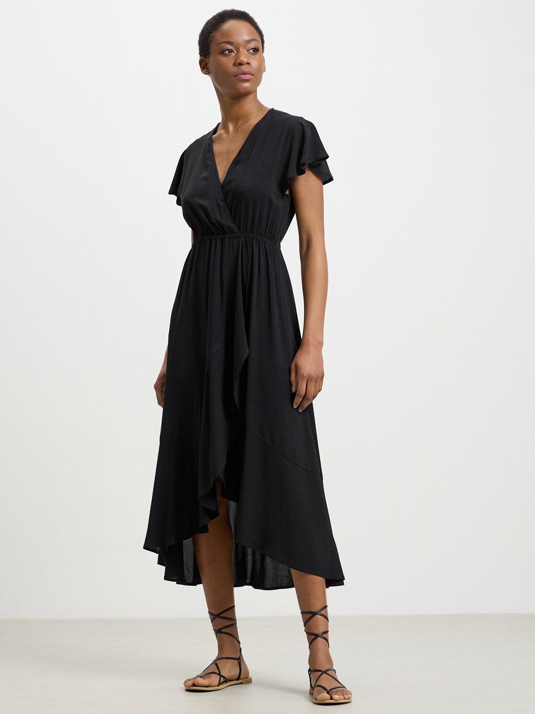 

CALLIOPE Flared Sleeve Ruffled Wrap Midi Dress, Black