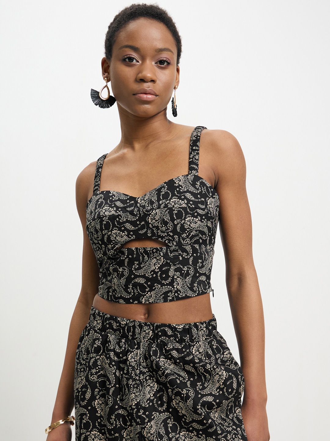 

CALLIOPE Paisley Print Cotton Crop Top, Black