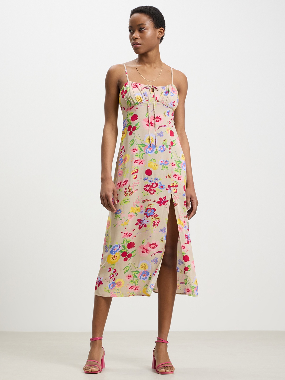 

CALLIOPE Floral Print A-Line Midi Dress, Beige