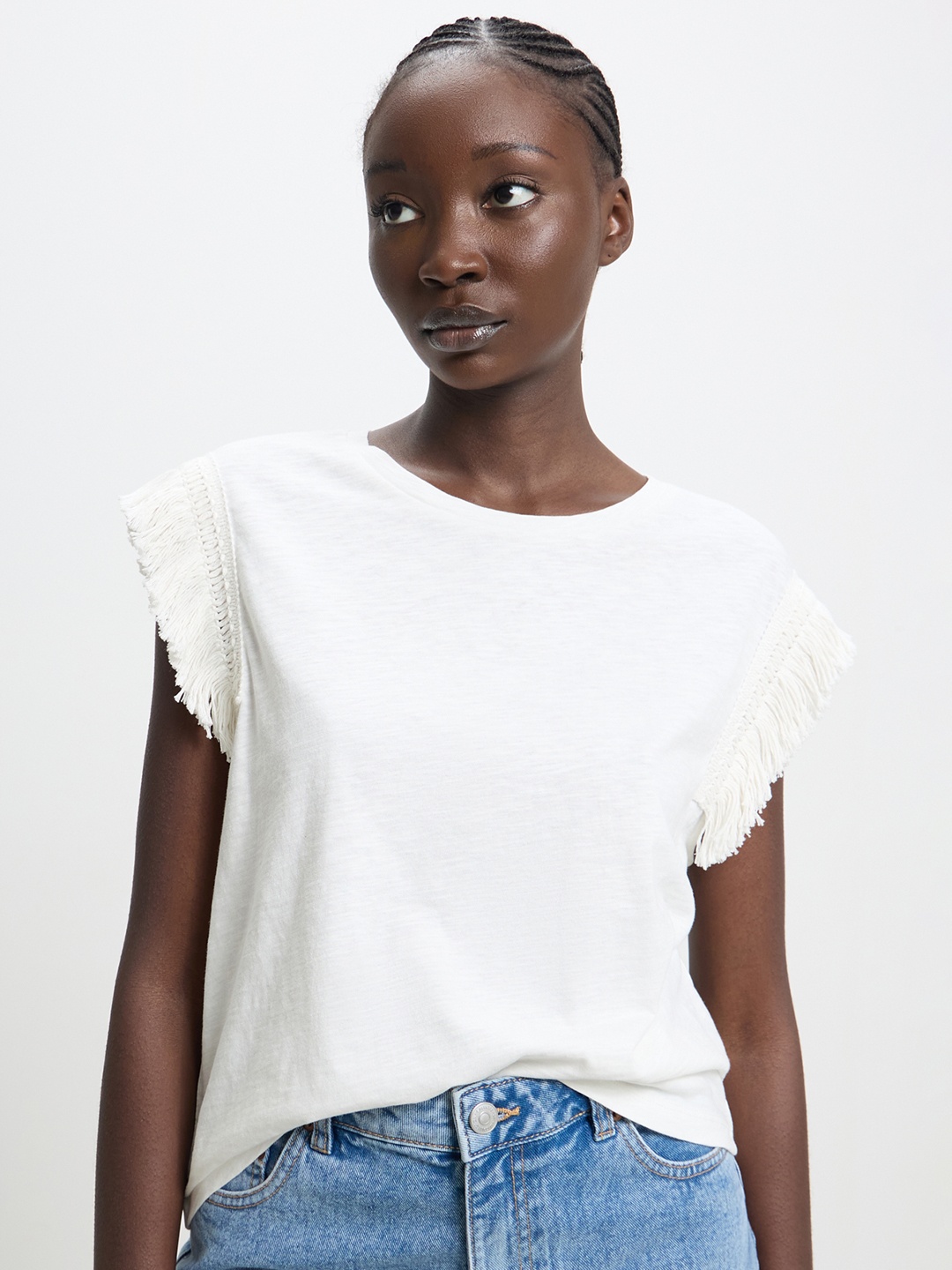 

CALLIOPE Flutter Sleeves Cotton Top, White