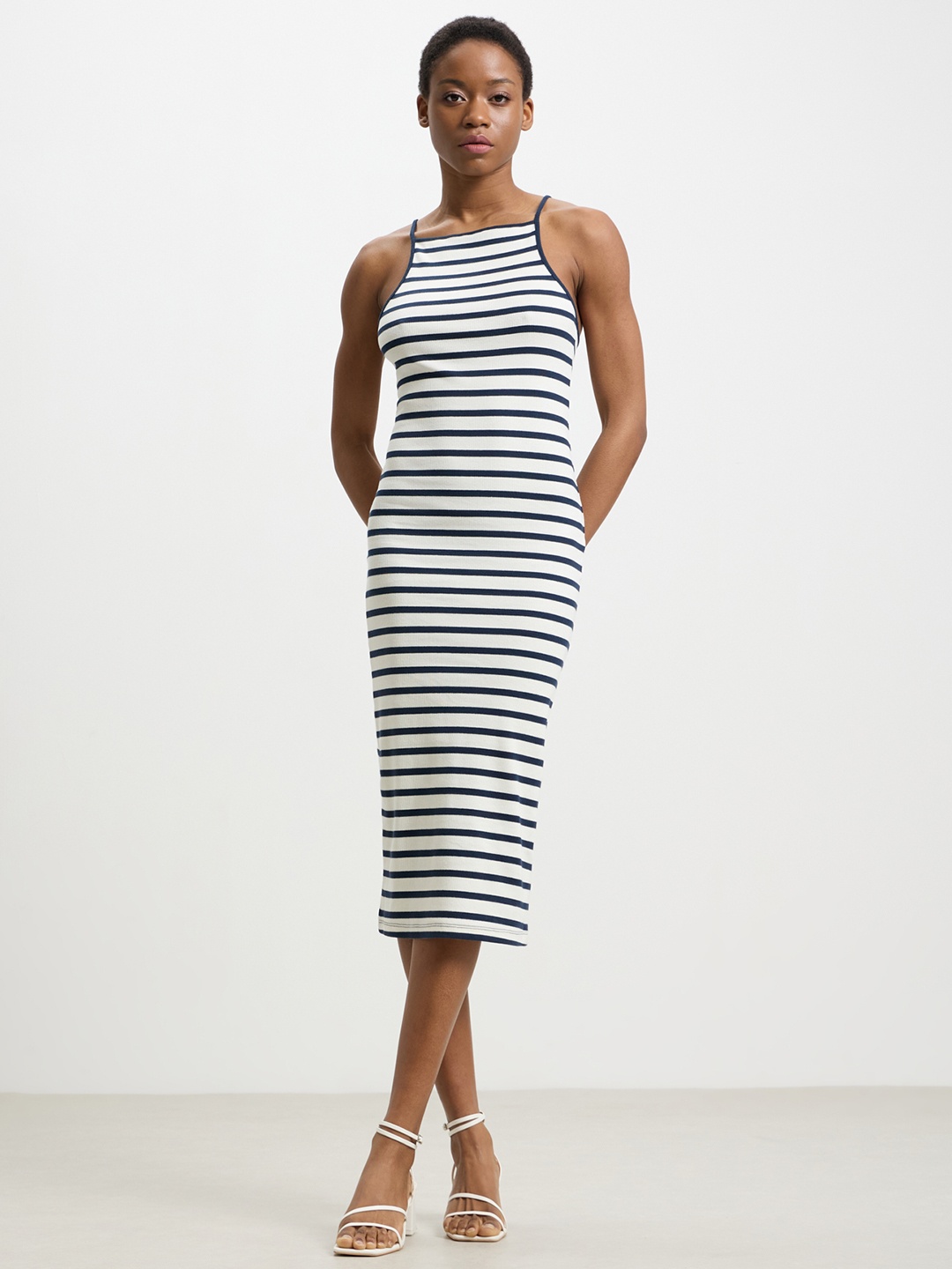 

CALLIOPE Striped Bodycon Midi Dress, White
