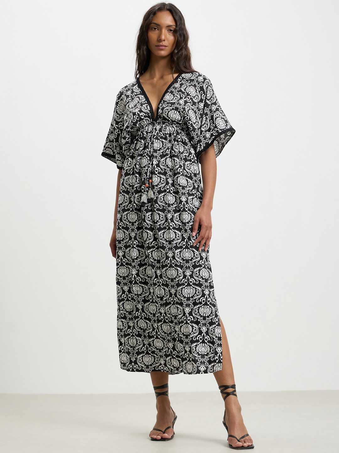 

CALLIOPE Ethnic Motifs Print Empire Midi Dress, Black