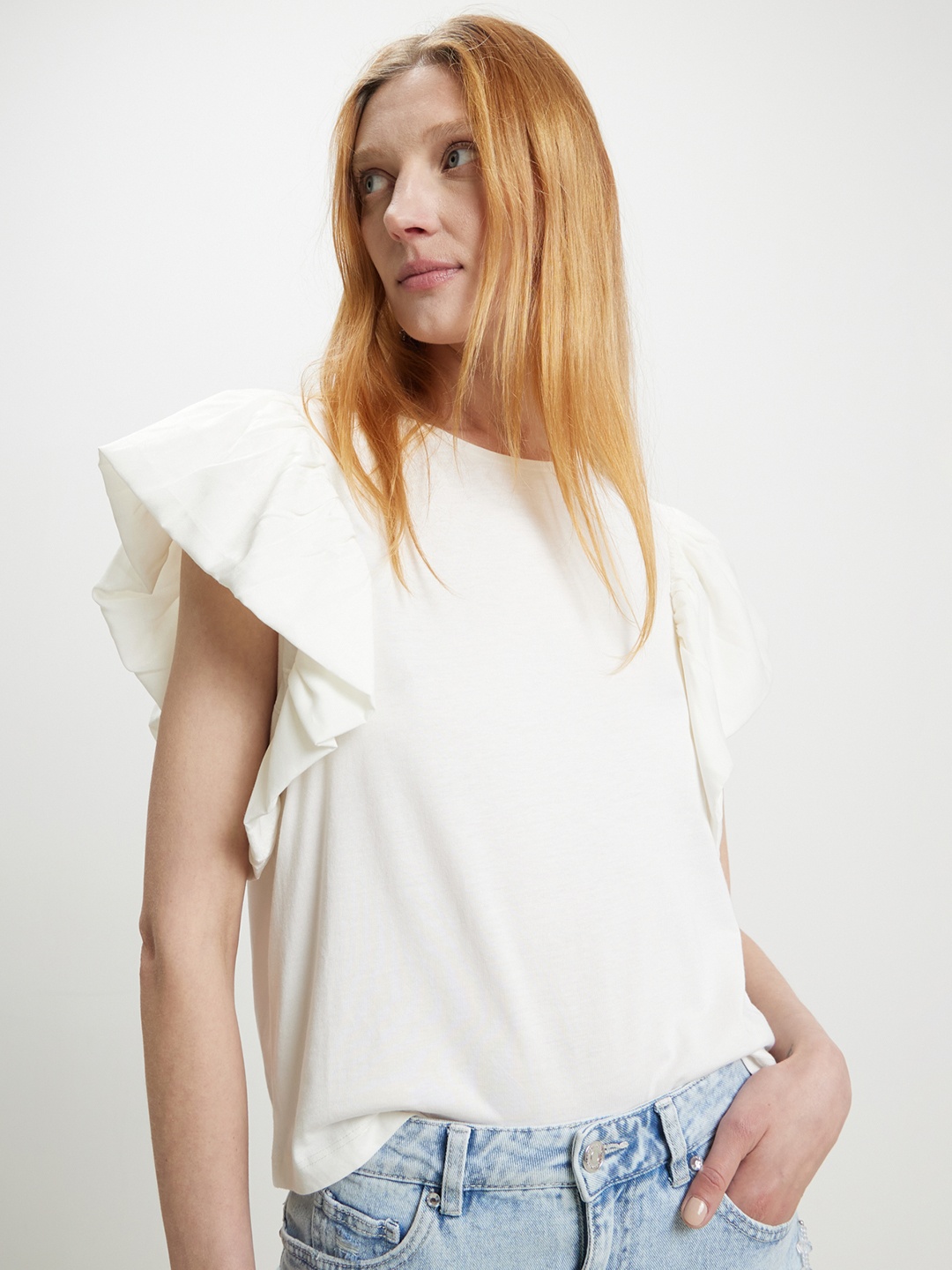 

CALLIOPE Flutter Sleeve Cotton Top, White