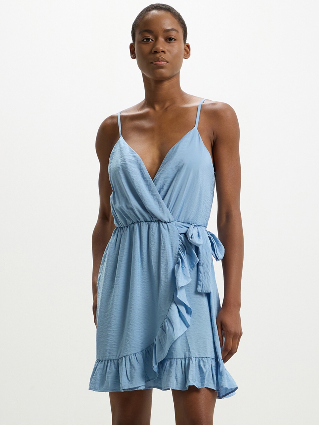 

CALLIOPE Shoulder Straps Ruffled Wrap Mini Dress, Blue
