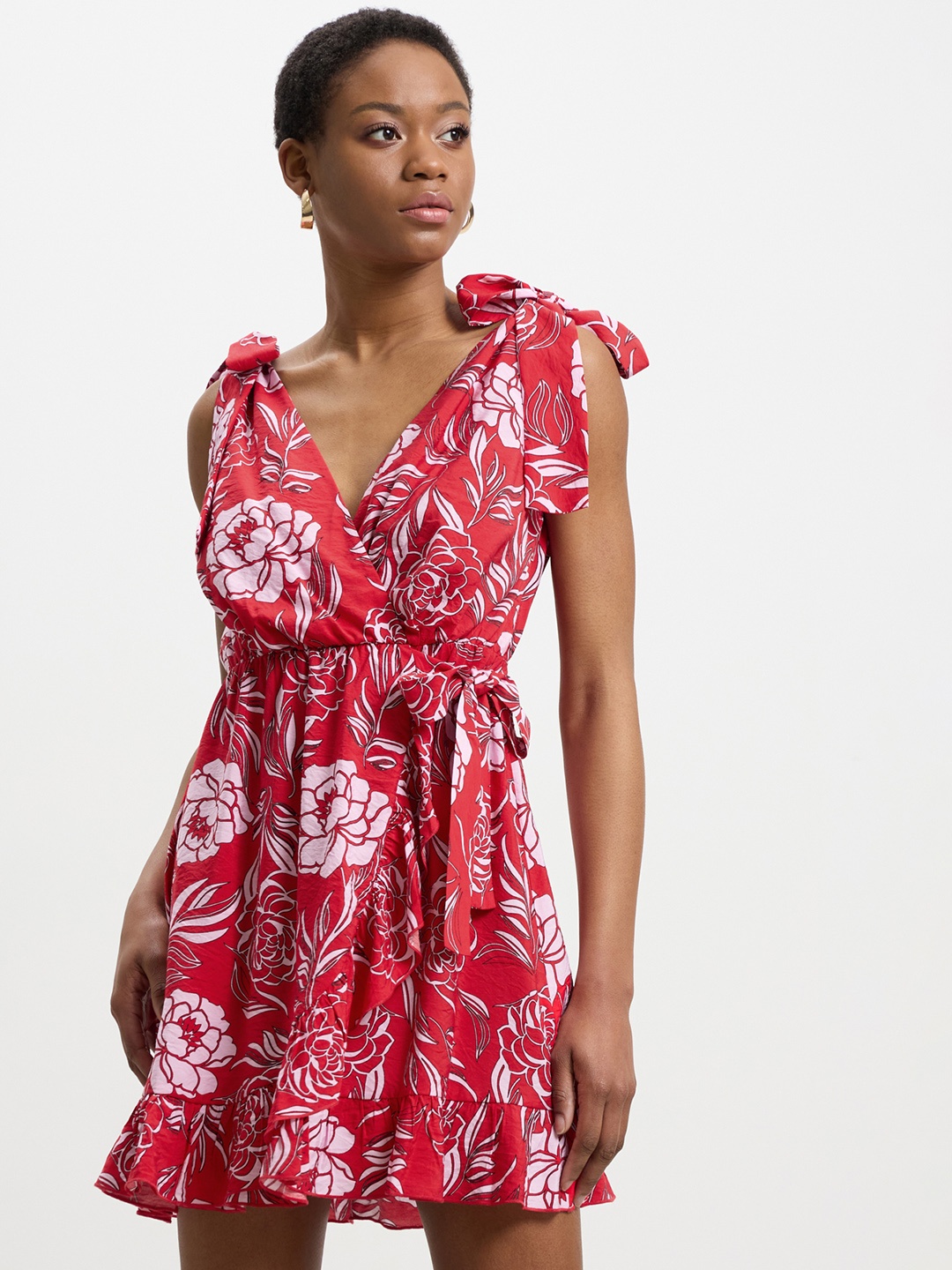 

CALLIOPE Floral Print Ruffled Wrap Mini Dress, Red