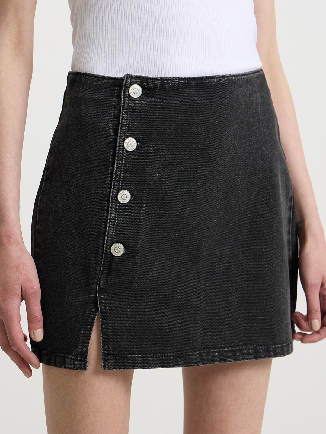 

CALLIOPE Pure Cotton Button & Slit Detail Mini Denim Skirt, Black