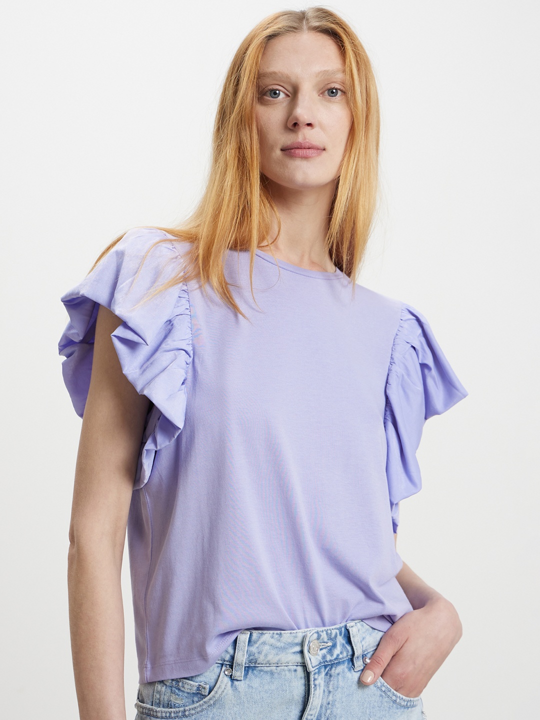 

CALLIOPE Flutter Sleeve Cotton Top, Lavender