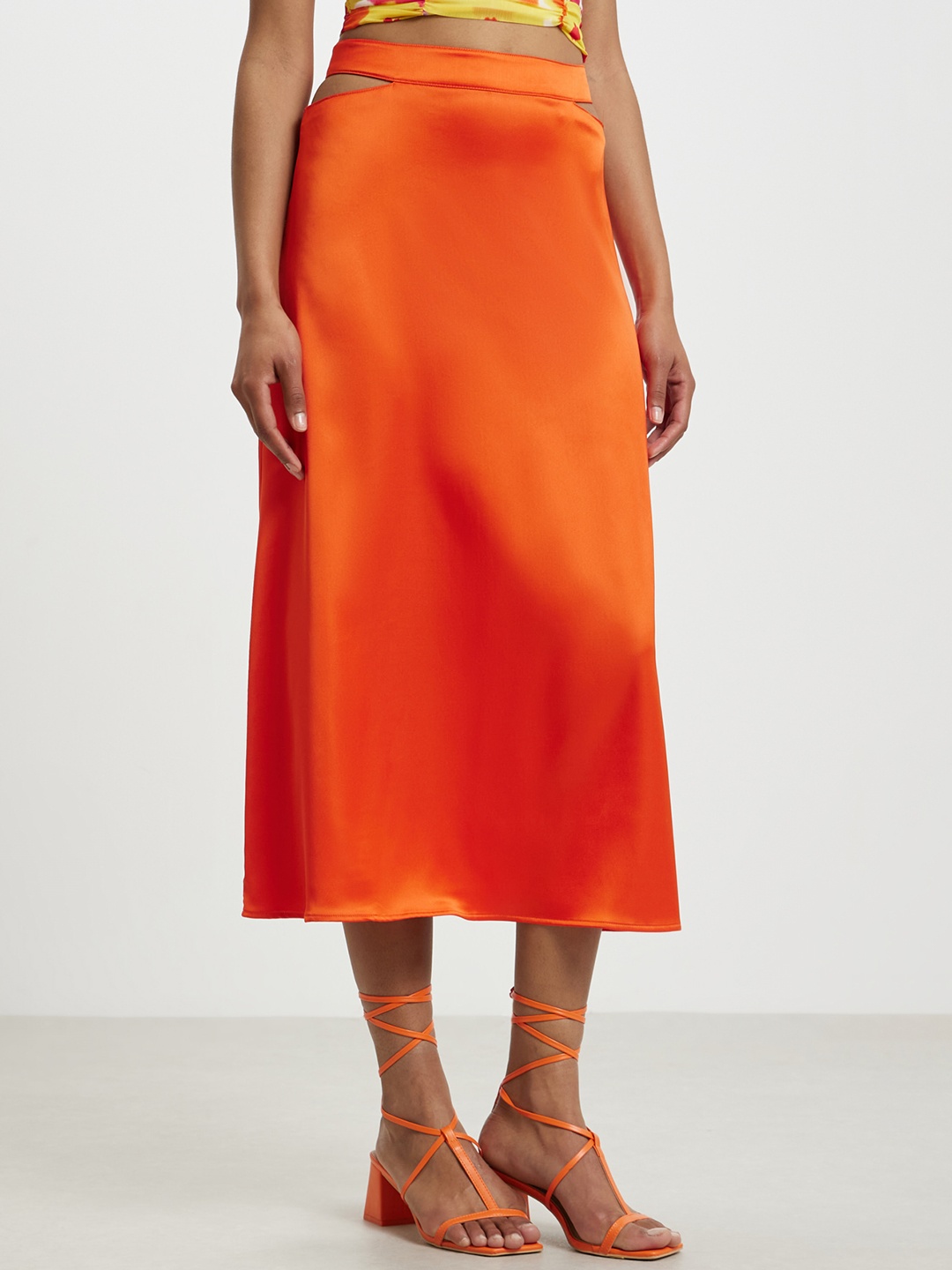 

CALLIOPE Women Cut-Outs Satin A-Line Midi Skirt, Orange