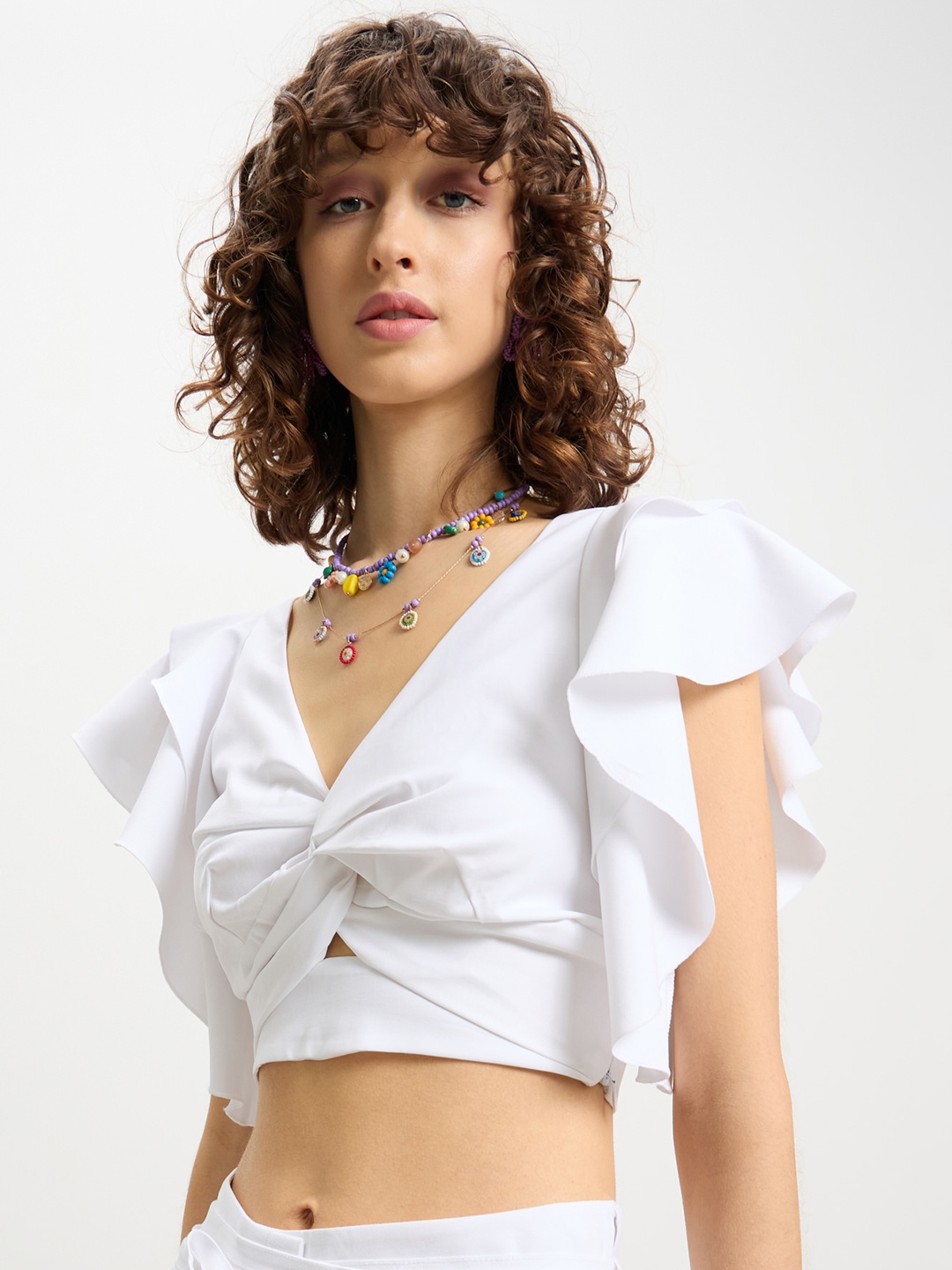 CALLIOPE Flutter Sleeves Crop Top, White