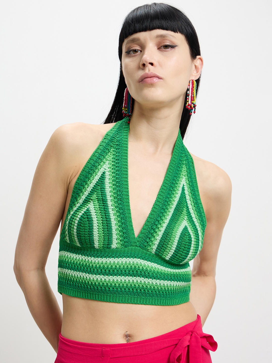 

CALLIOPE Self Deisgn Crochet Pure Cotton Bralette Crop Top, Green