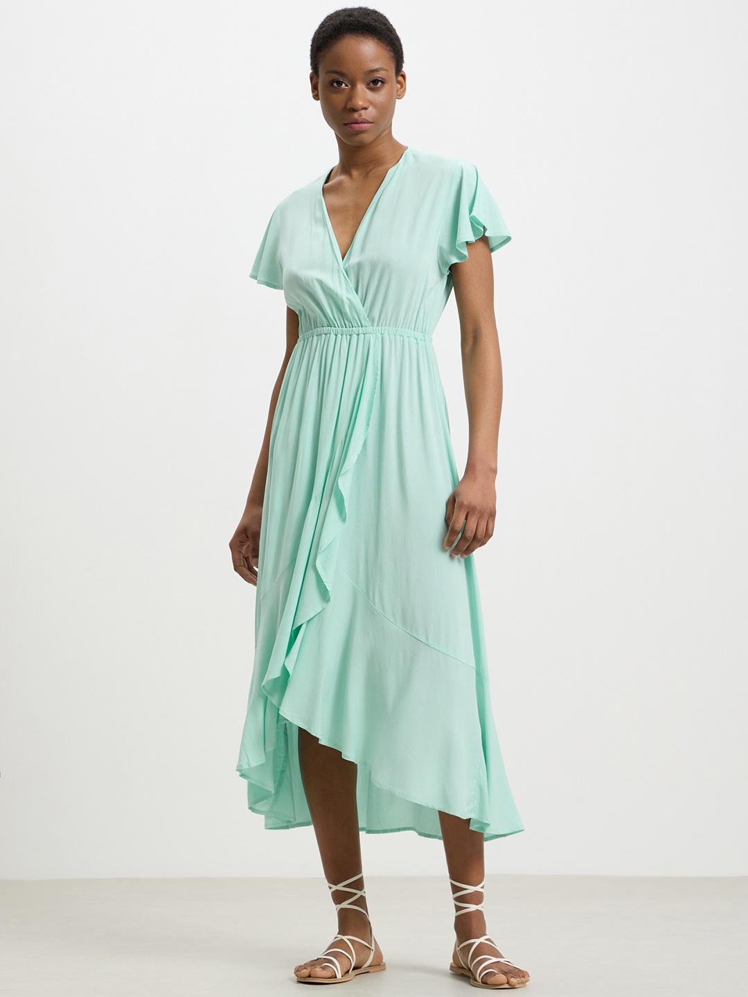 

CALLIOPE Flared Sleeve Ruffled Wrap Midi Dress, Sea green