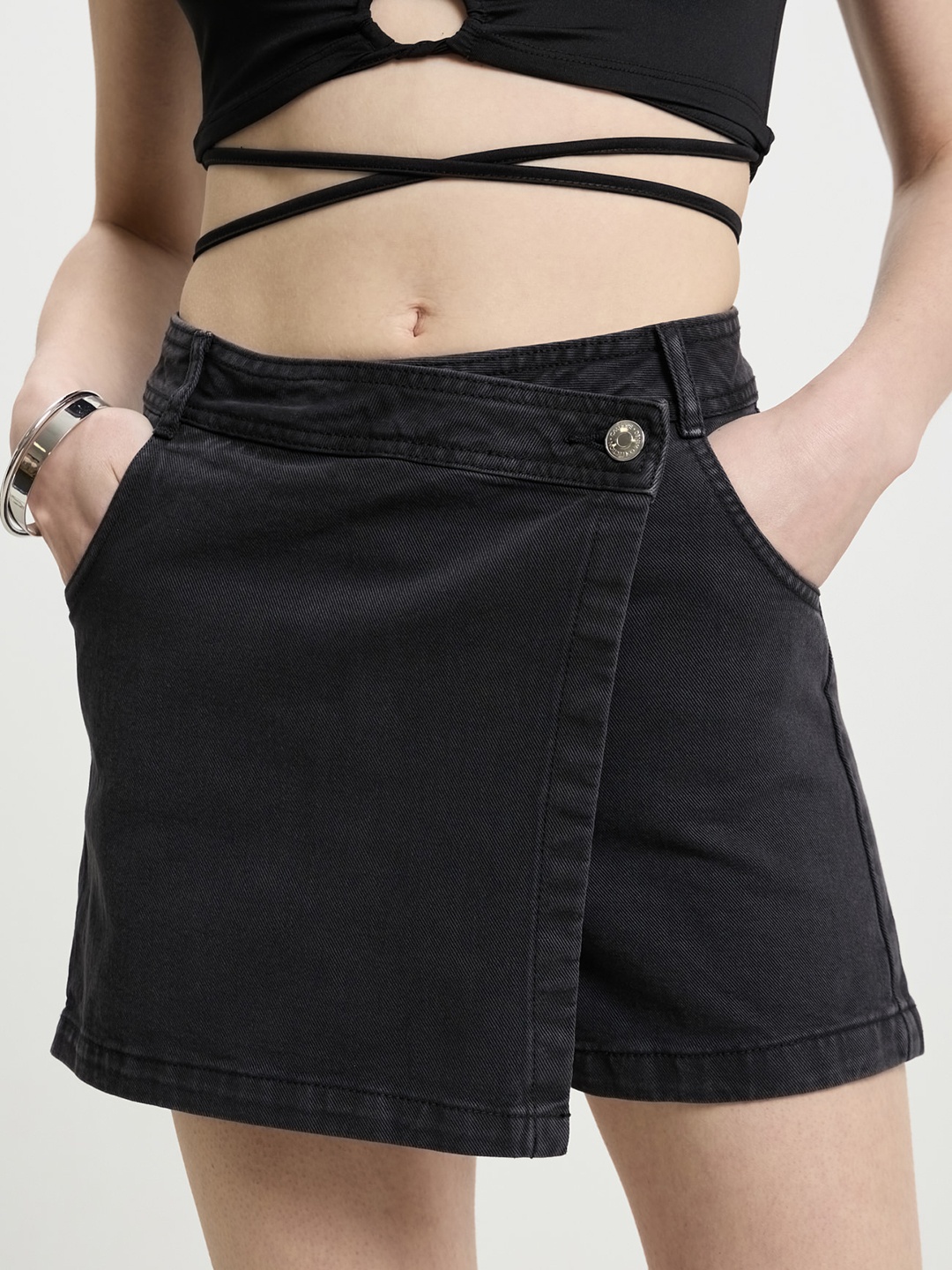 

CALLIOPE Solid Pure Cotton Denim Wrap Skorts, Black