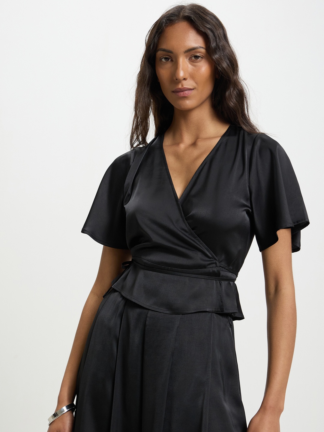 

CALLIOPE Flared Sleeve Satin Wrap Top, Black