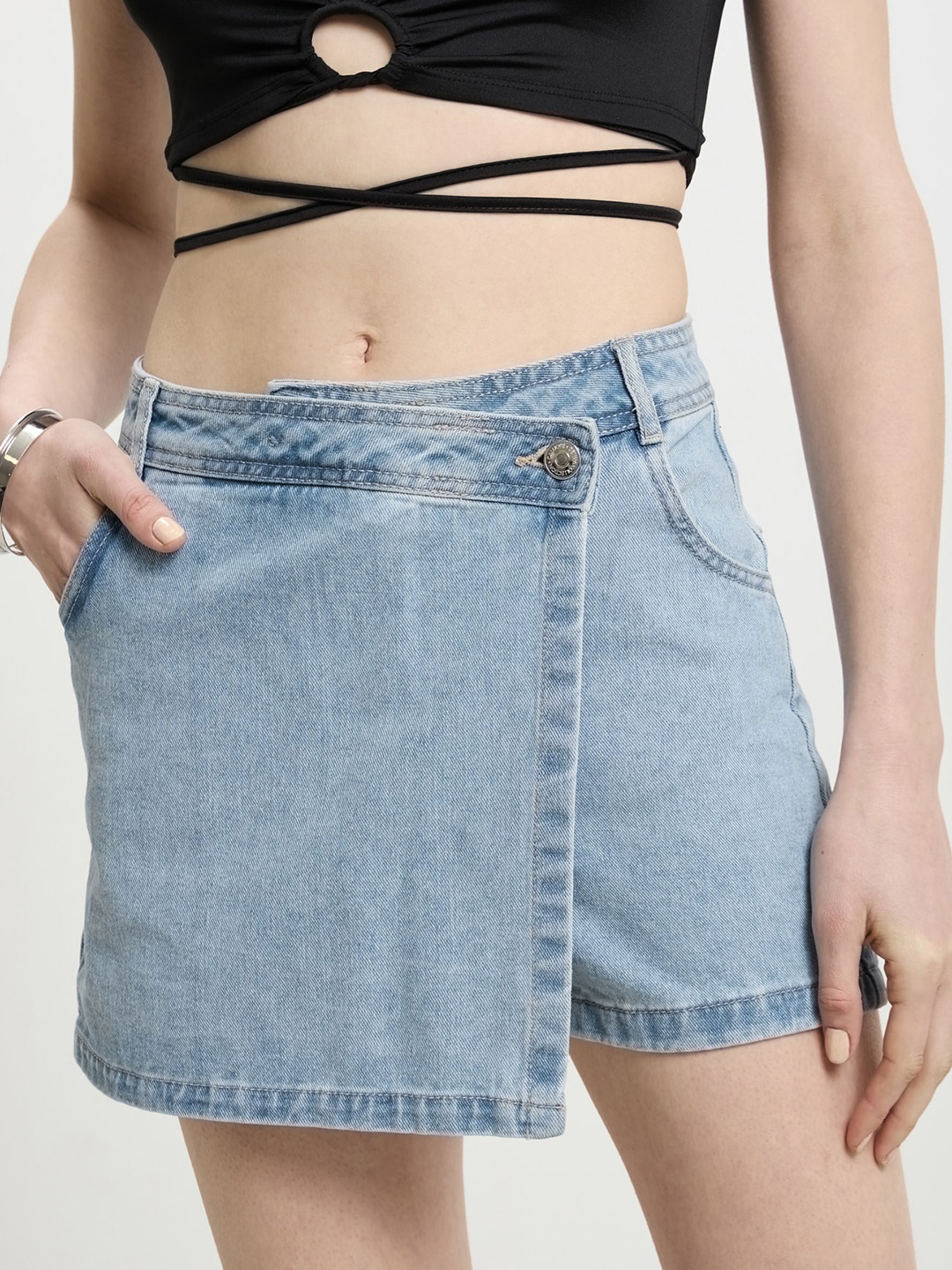 

CALLIOPE Solid Pure Cotton Denim Wrap Skorts, Blue
