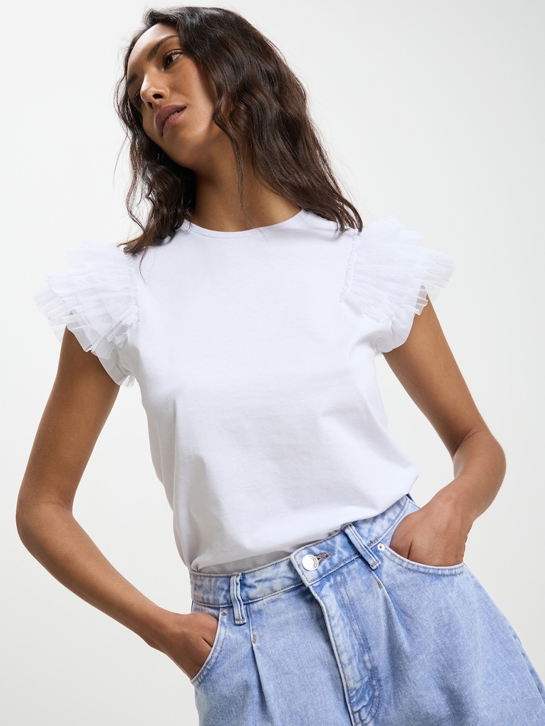 

CALLIOPE Flutter Sleeve Top, White