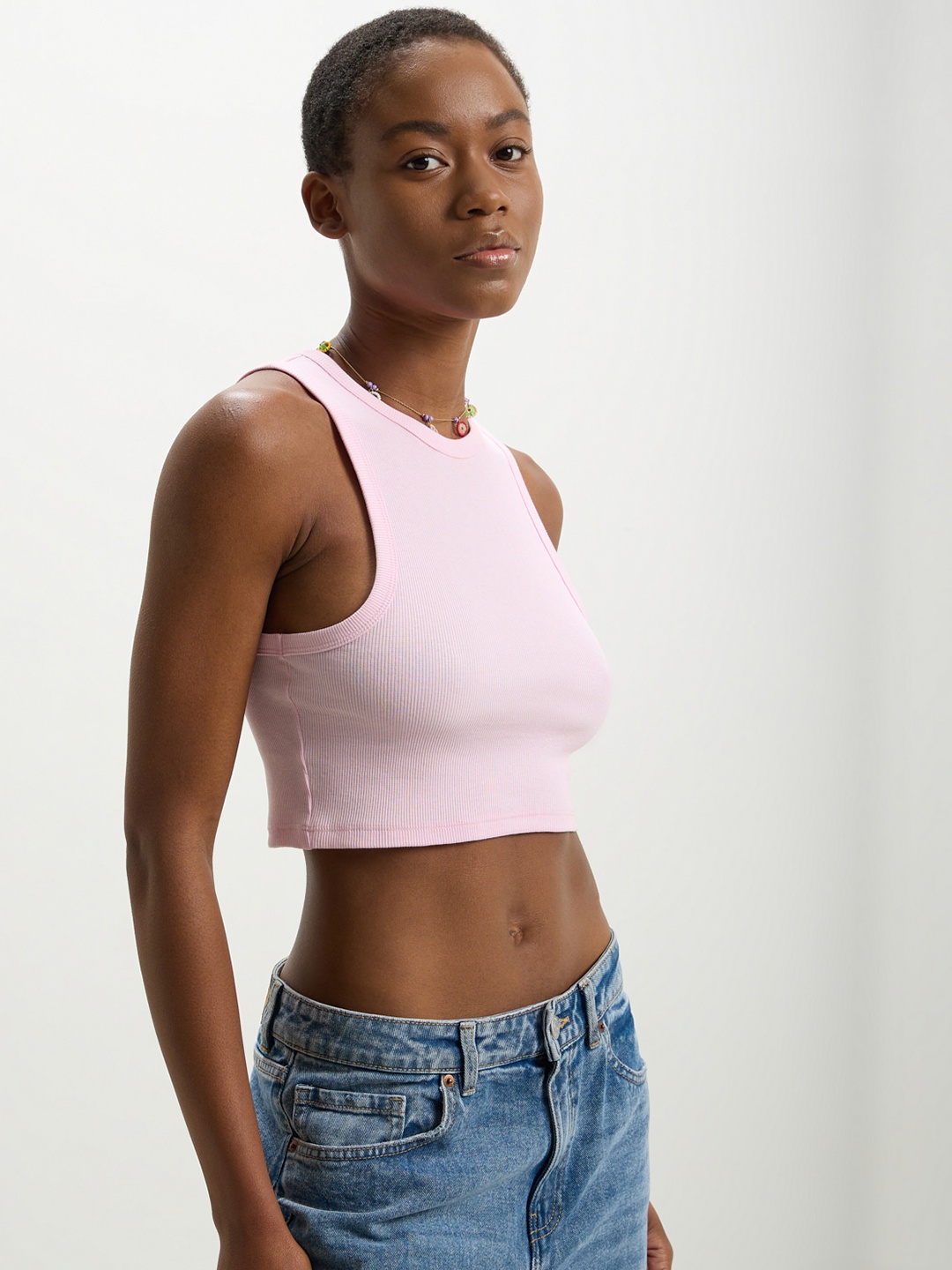 

CALLIOPE Pure Cotton Ribbed Crop Tank Top, Pink