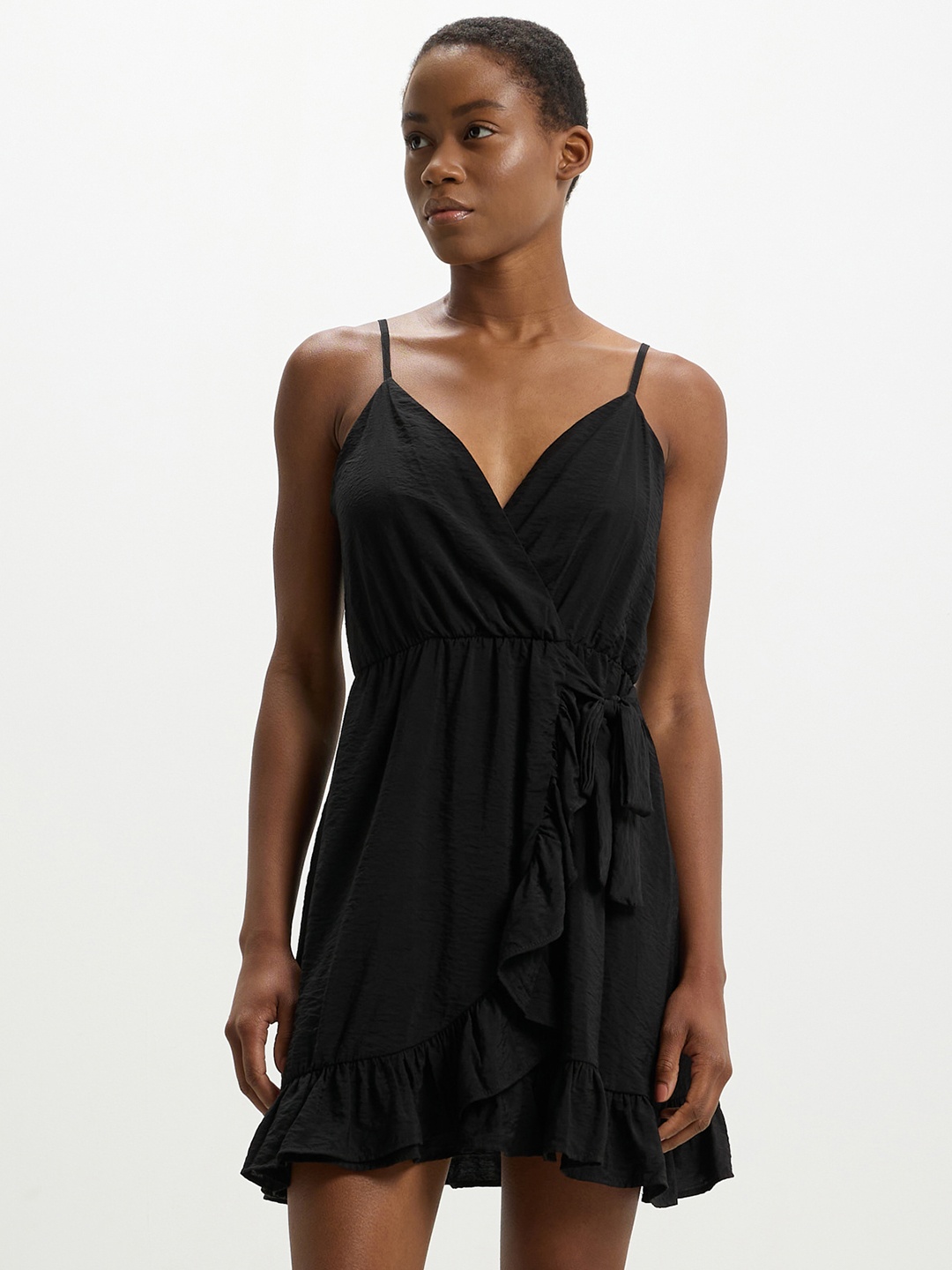 

CALLIOPE Shoulder Straps Ruffled Wrap Mini Dress, Black