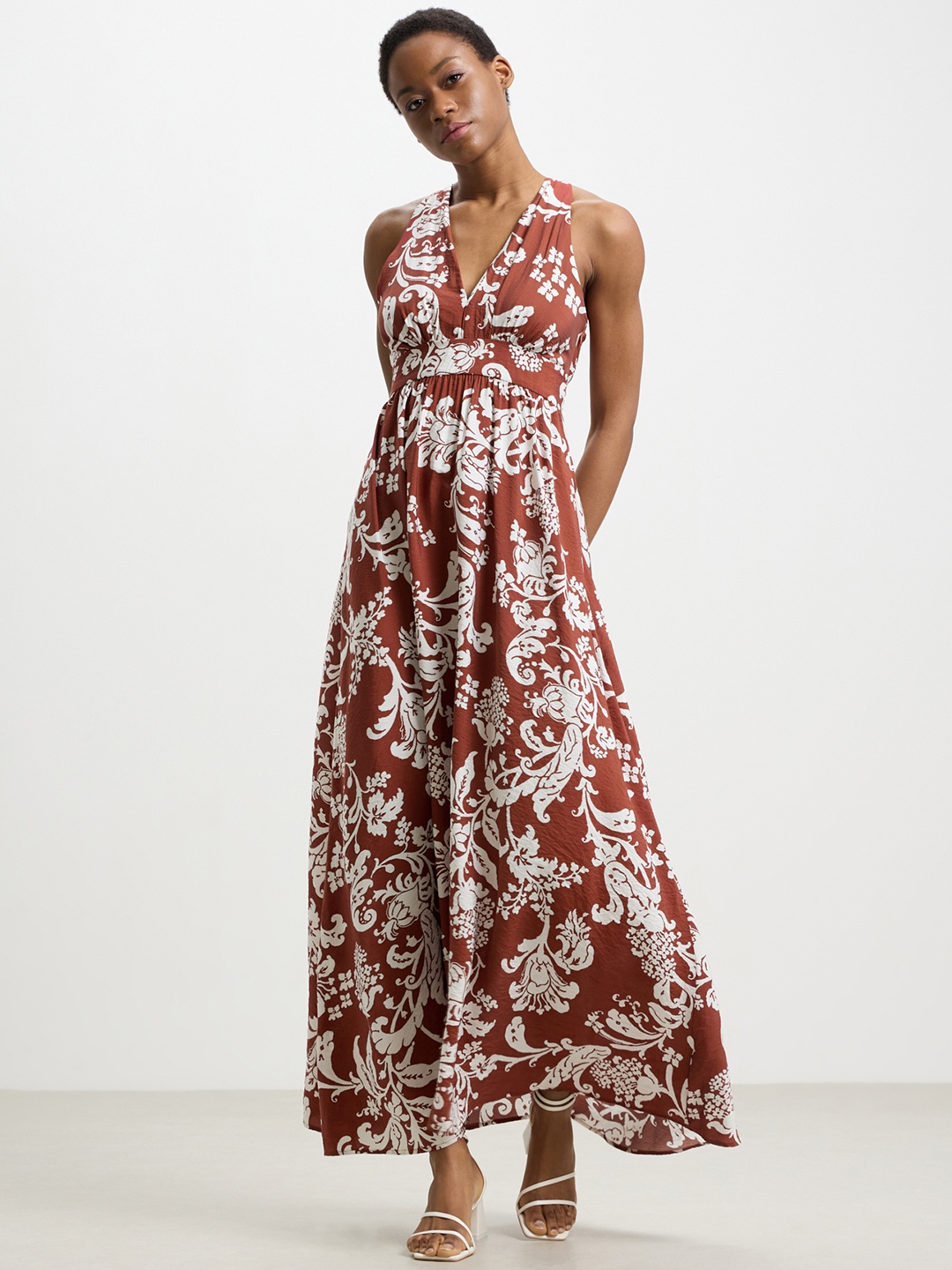 

CALLIOPE Printed Plunge V-Neck Maxi Dress, Rust