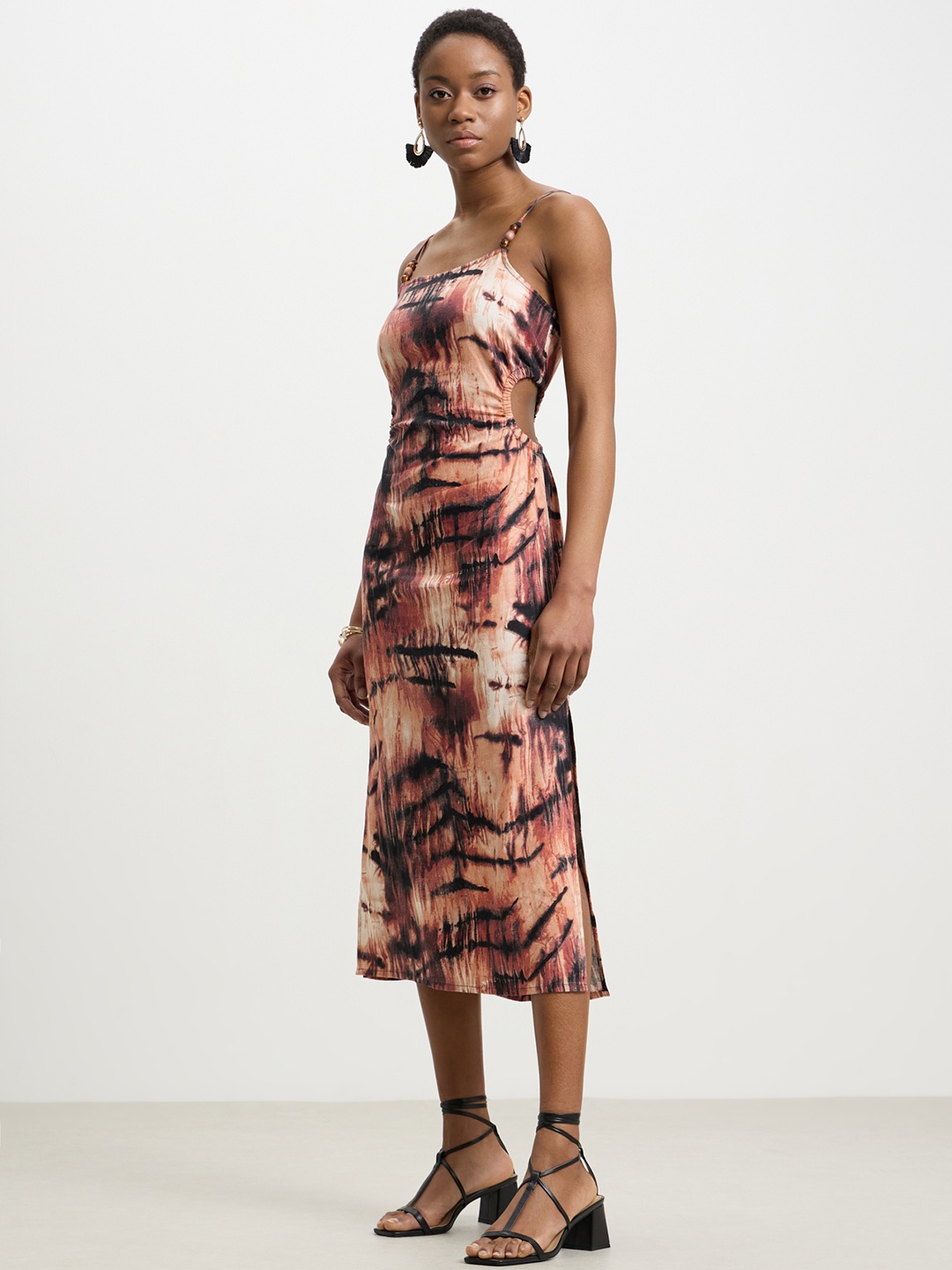CALLIOPE Printed Cut-Out Sheath Midi Dress, Beige