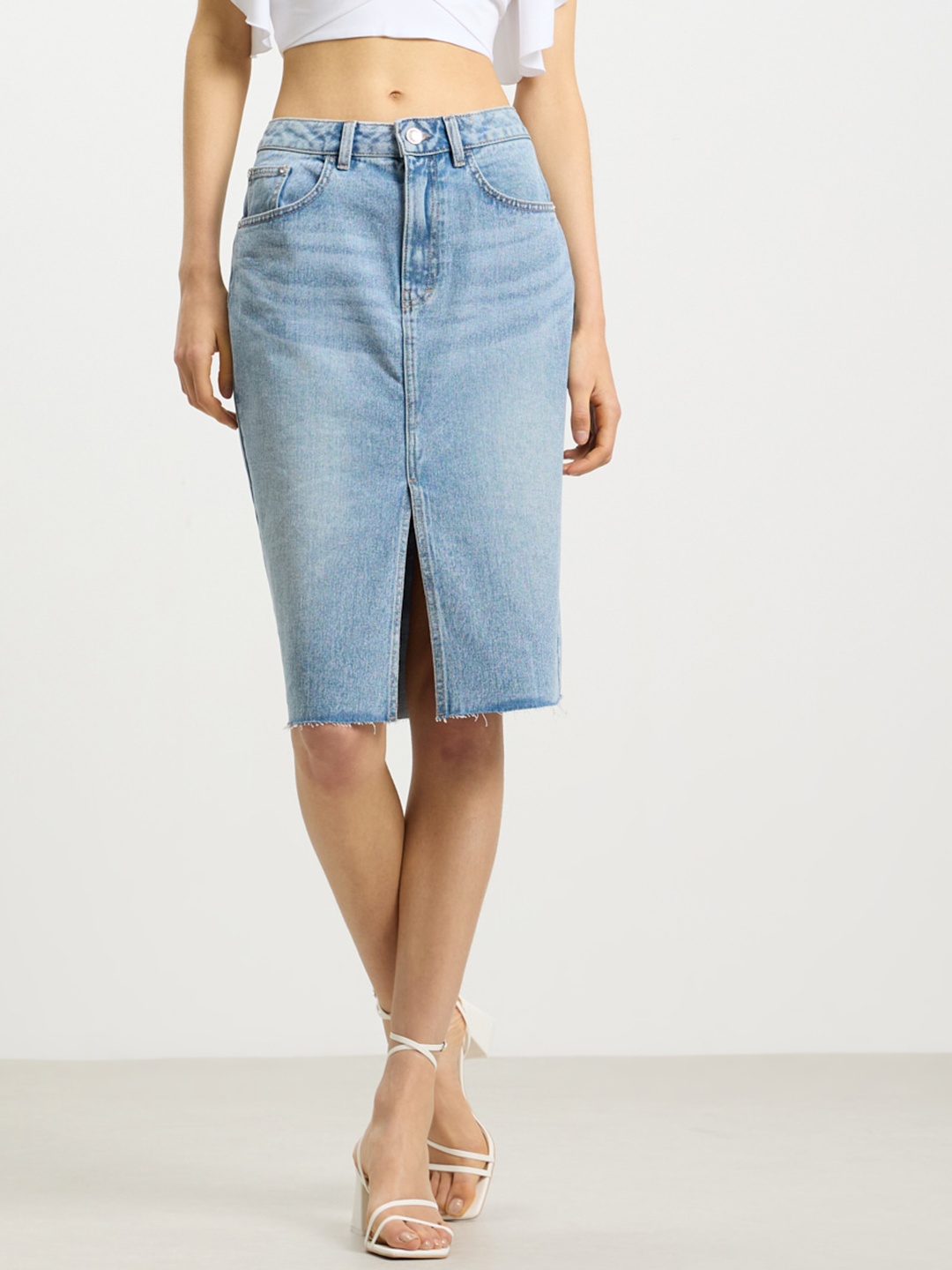 

CALLIOPE Pure Cotton Front Slit Denim Skirt, Blue