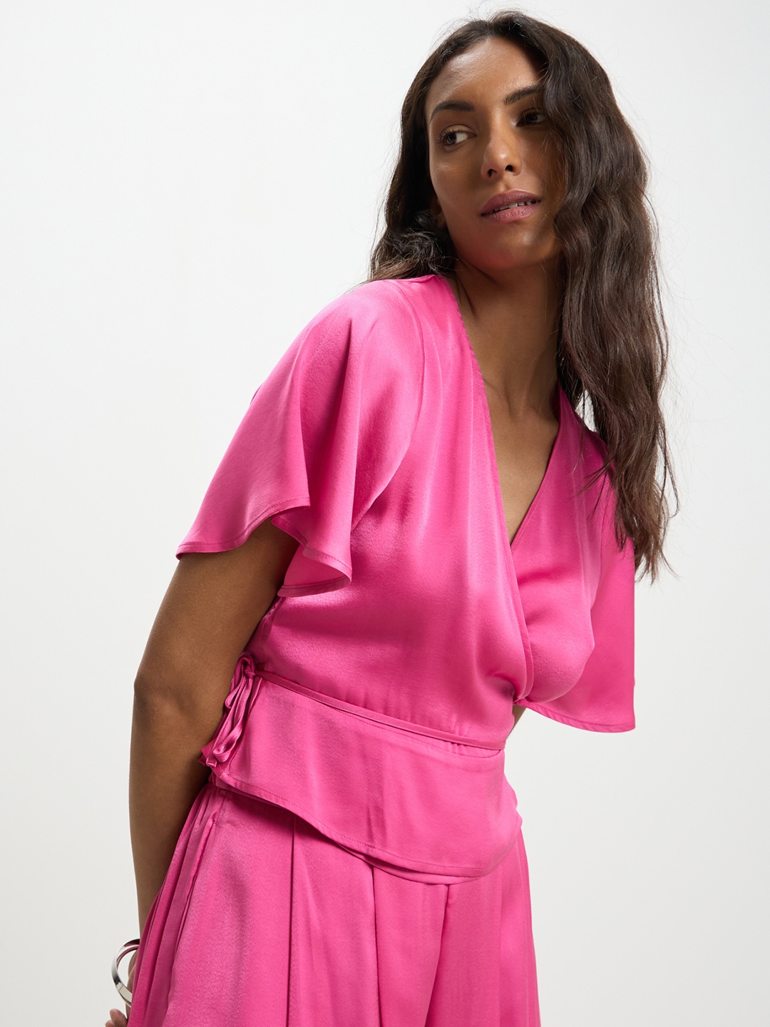 

CALLIOPE Satin Wrap Top, Fuchsia