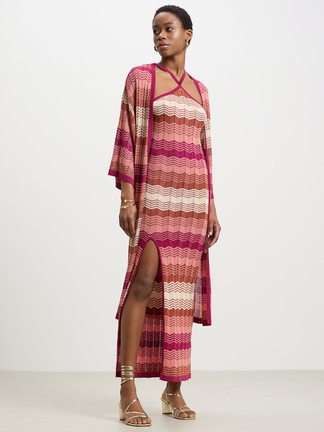 

CALLIOPE Cross Halter Neck Chevron Maxi Dress, Pink