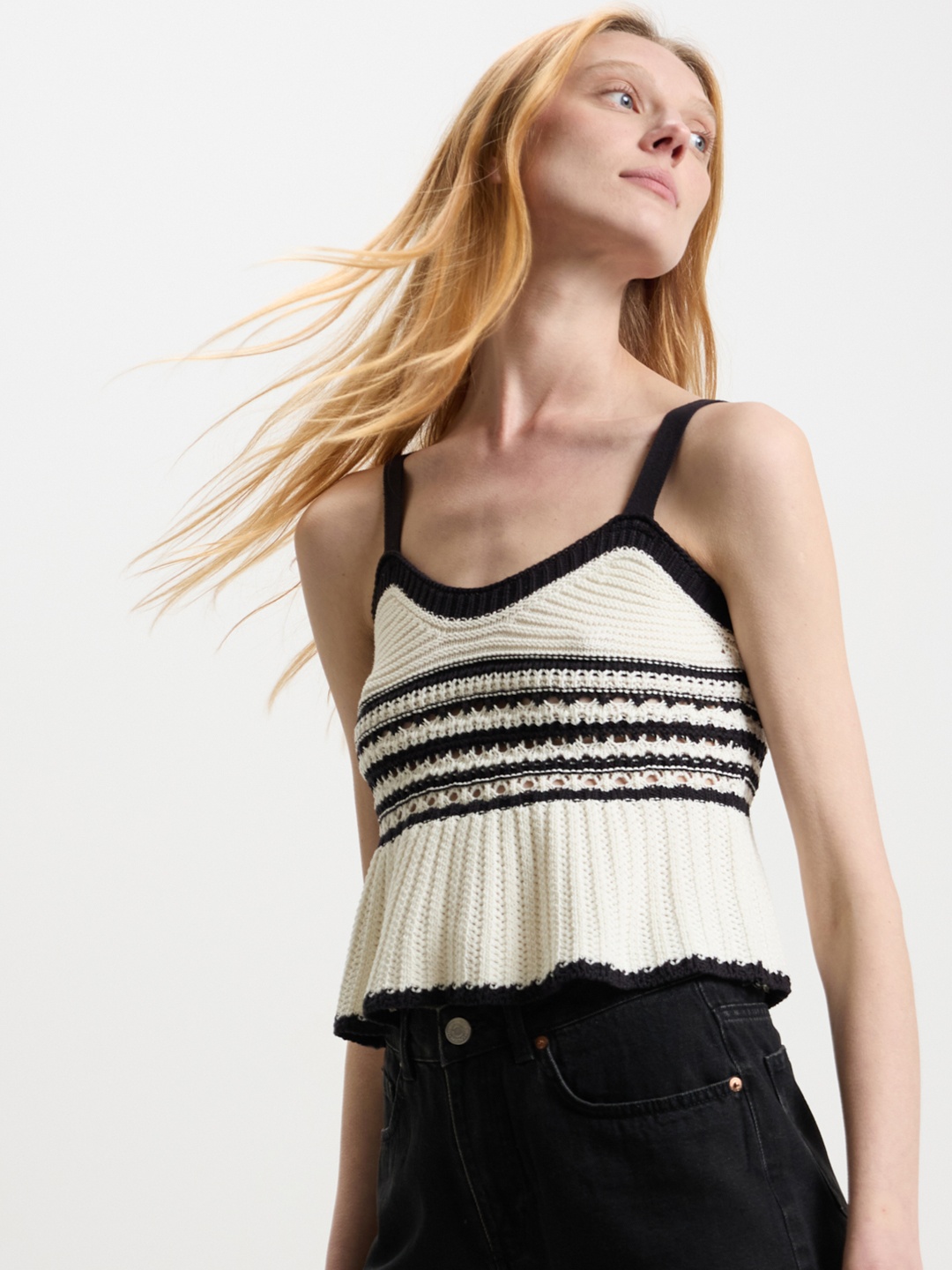 

CALLIOPE Pure Cotton Crochet Striped Top, White