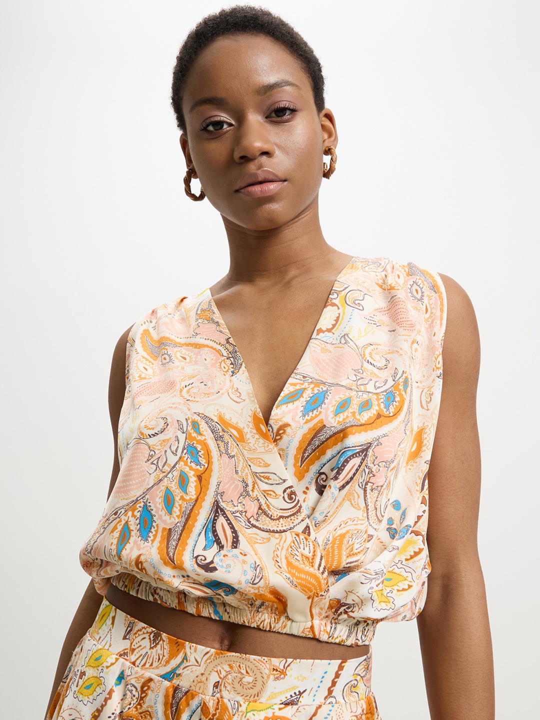 

CALLIOPE Ethnic Print Wrap Crop Top, Off white