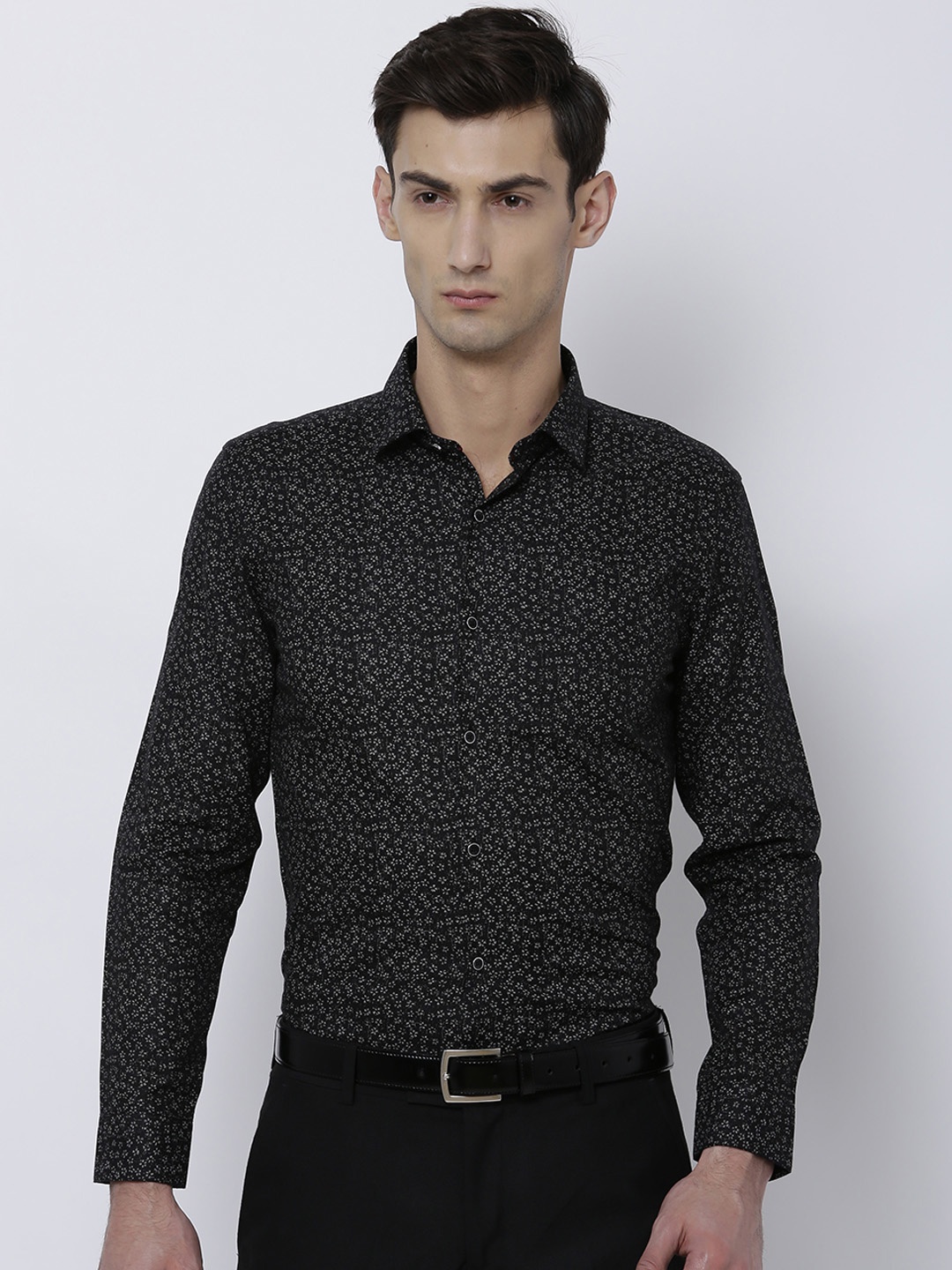 

Black coffee Men Black Slim Fit Printed Formal Shirt