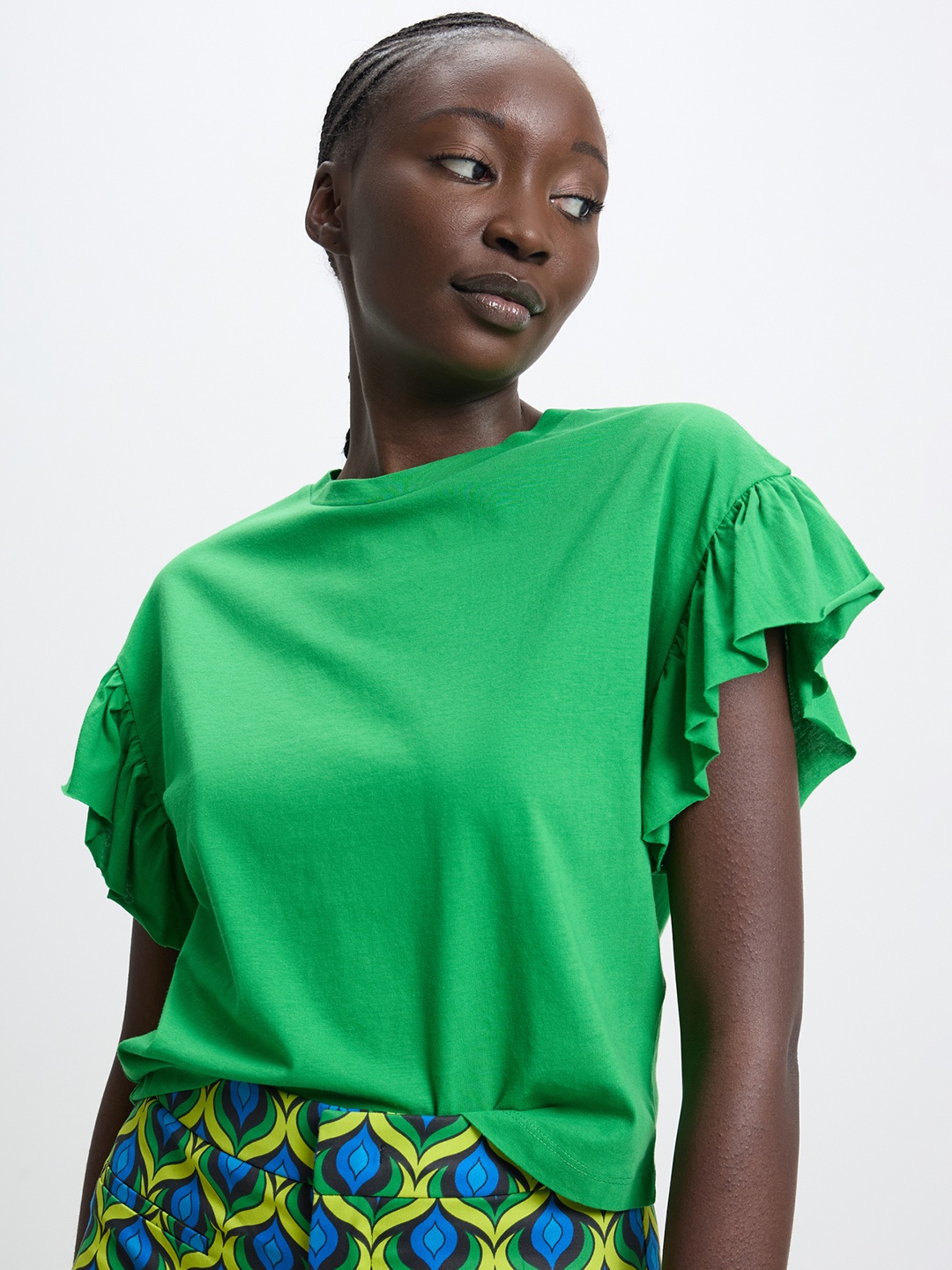 

CALLIOPE Flutter Sleeve Cotton Top, Green
