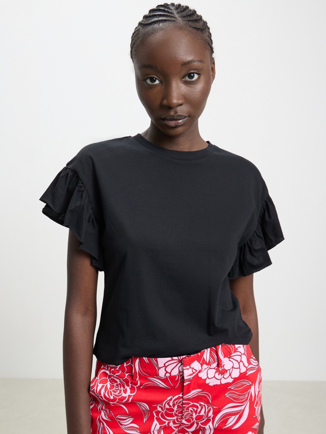 

CALLIOPE Flutter Sleeve Cotton Top, Black