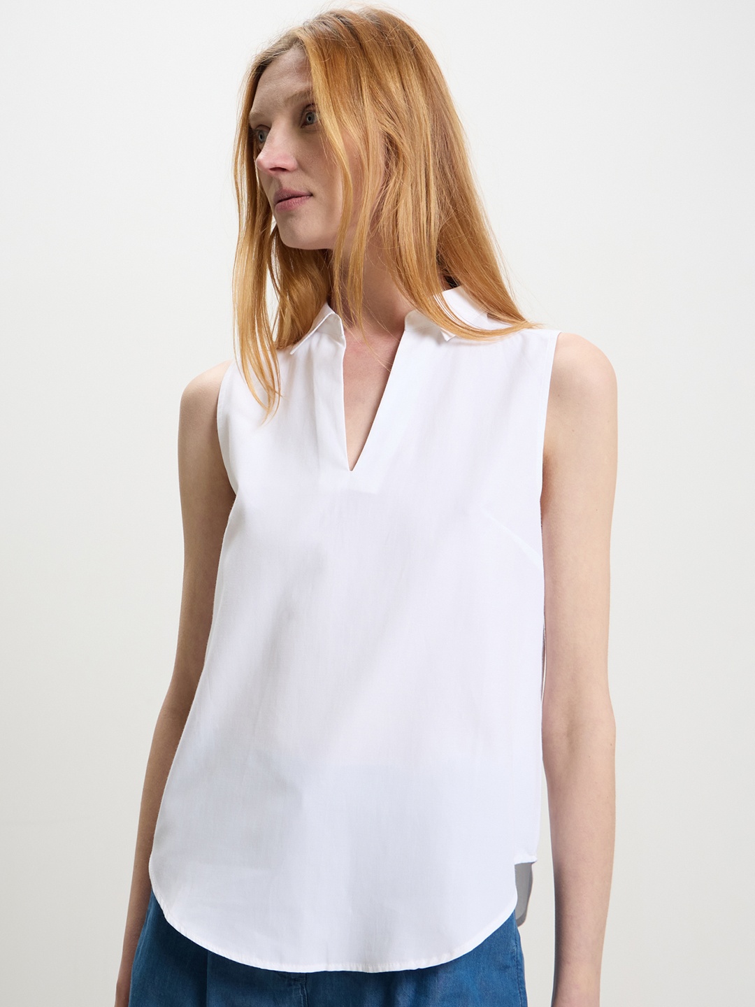 

CALLIOPE Mandarin Collar Cotton Top, White